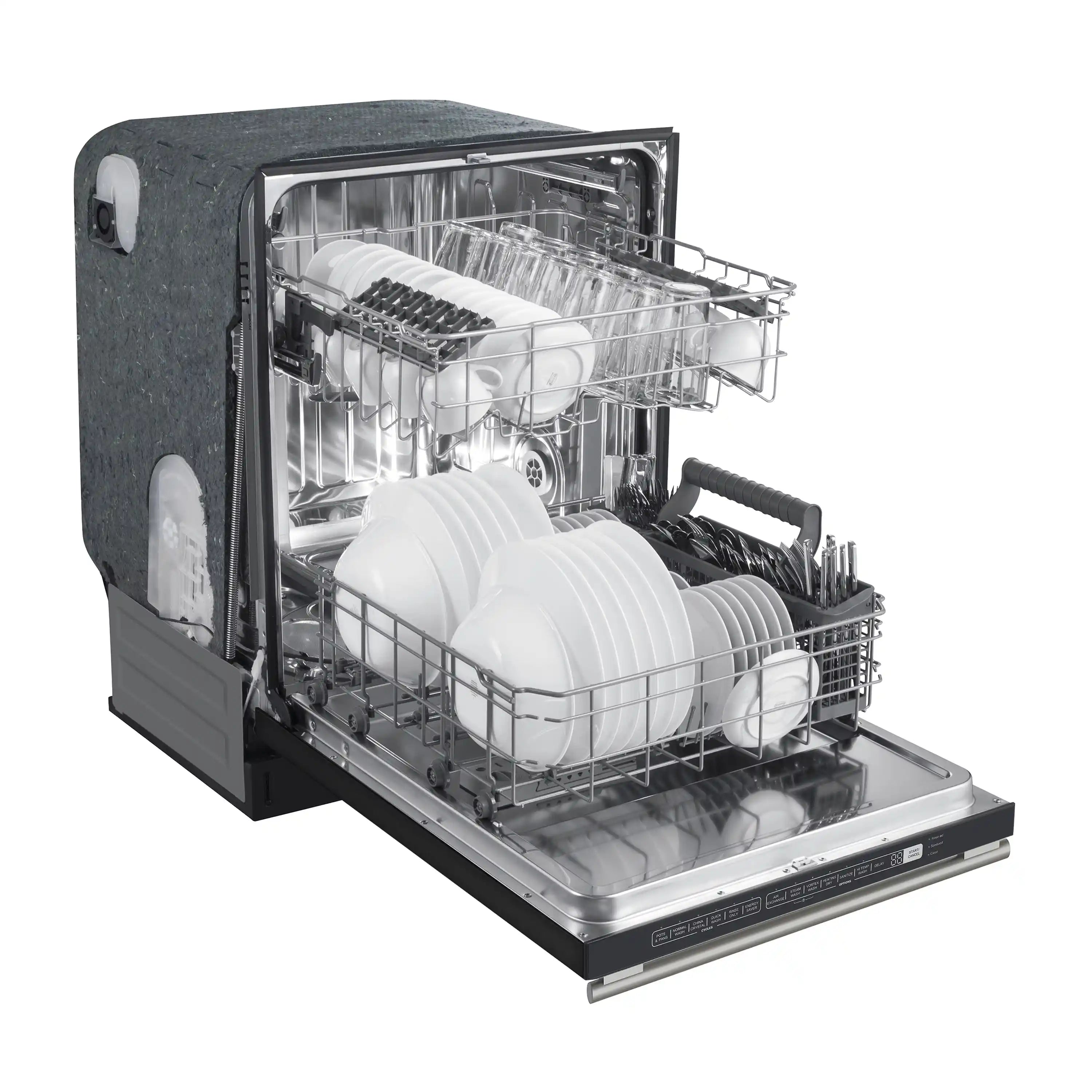 3-piece appliance package: dishwasher interior with open door, chrome racks, and silver tub