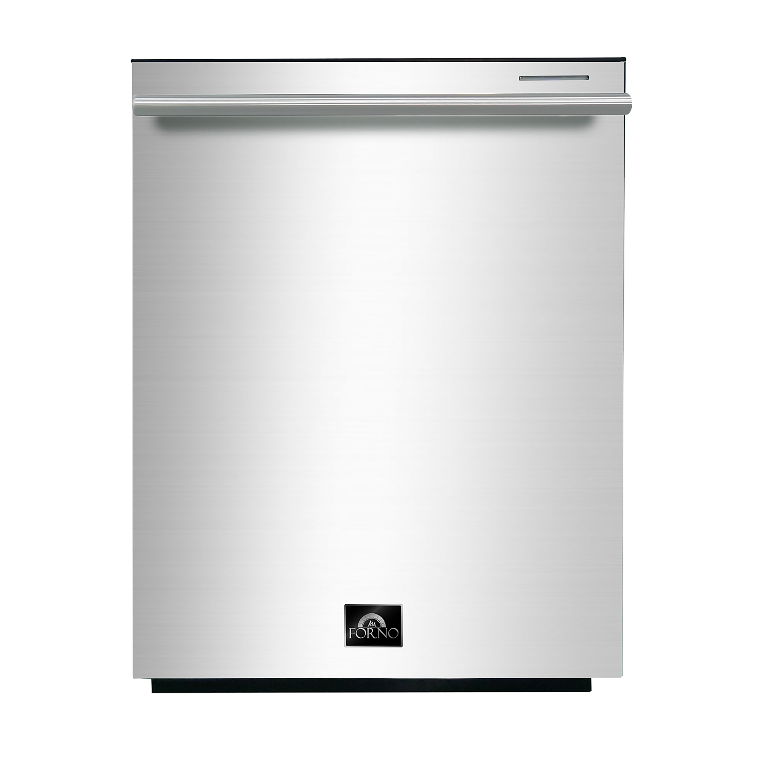 Stainless dishwasher door with FORNO logo on lower center