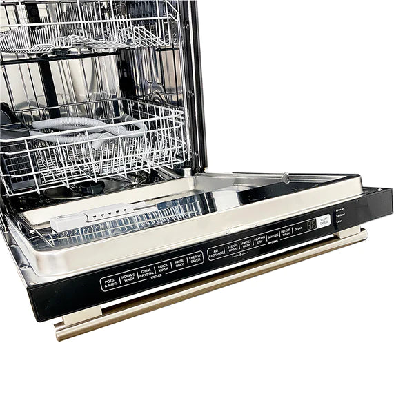 Stainless steel dishwasher interior with wire racks and front control panel