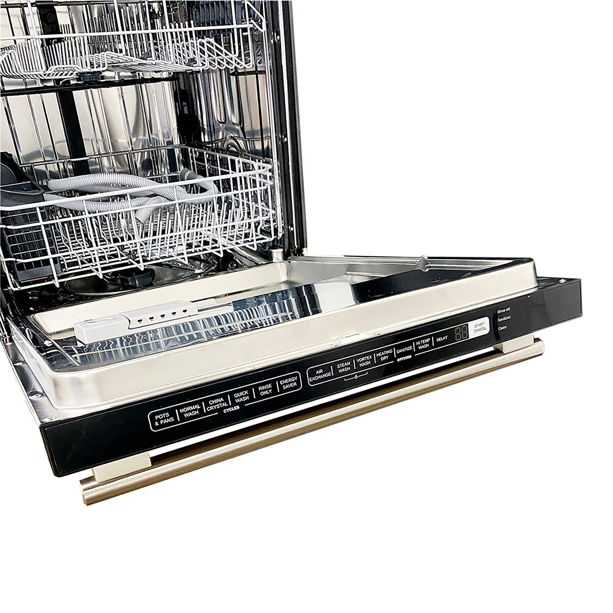 Stainless steel dishwasher door with open rack and control panel at bottom