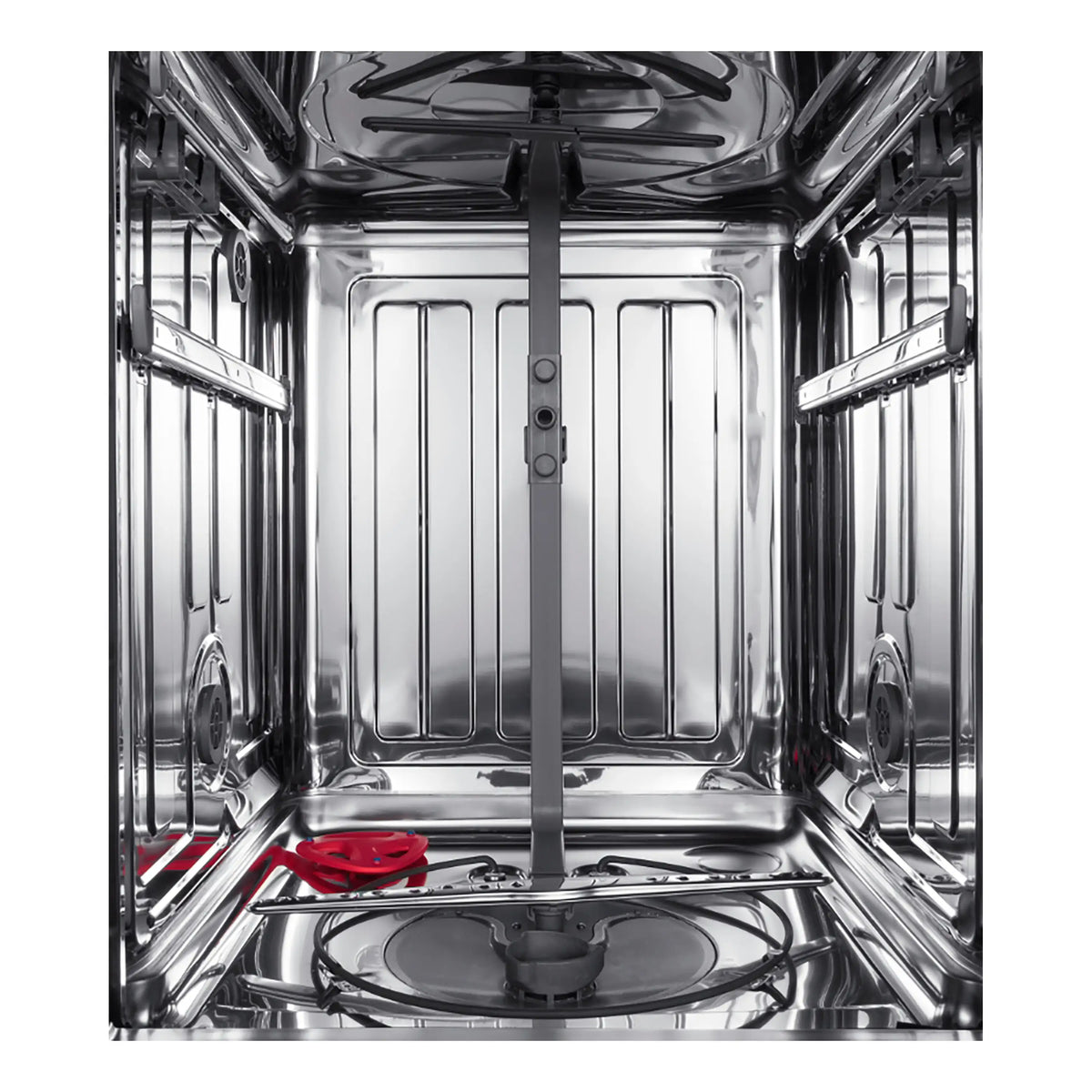 Dishwasher interior with metal spray system and side rack rails