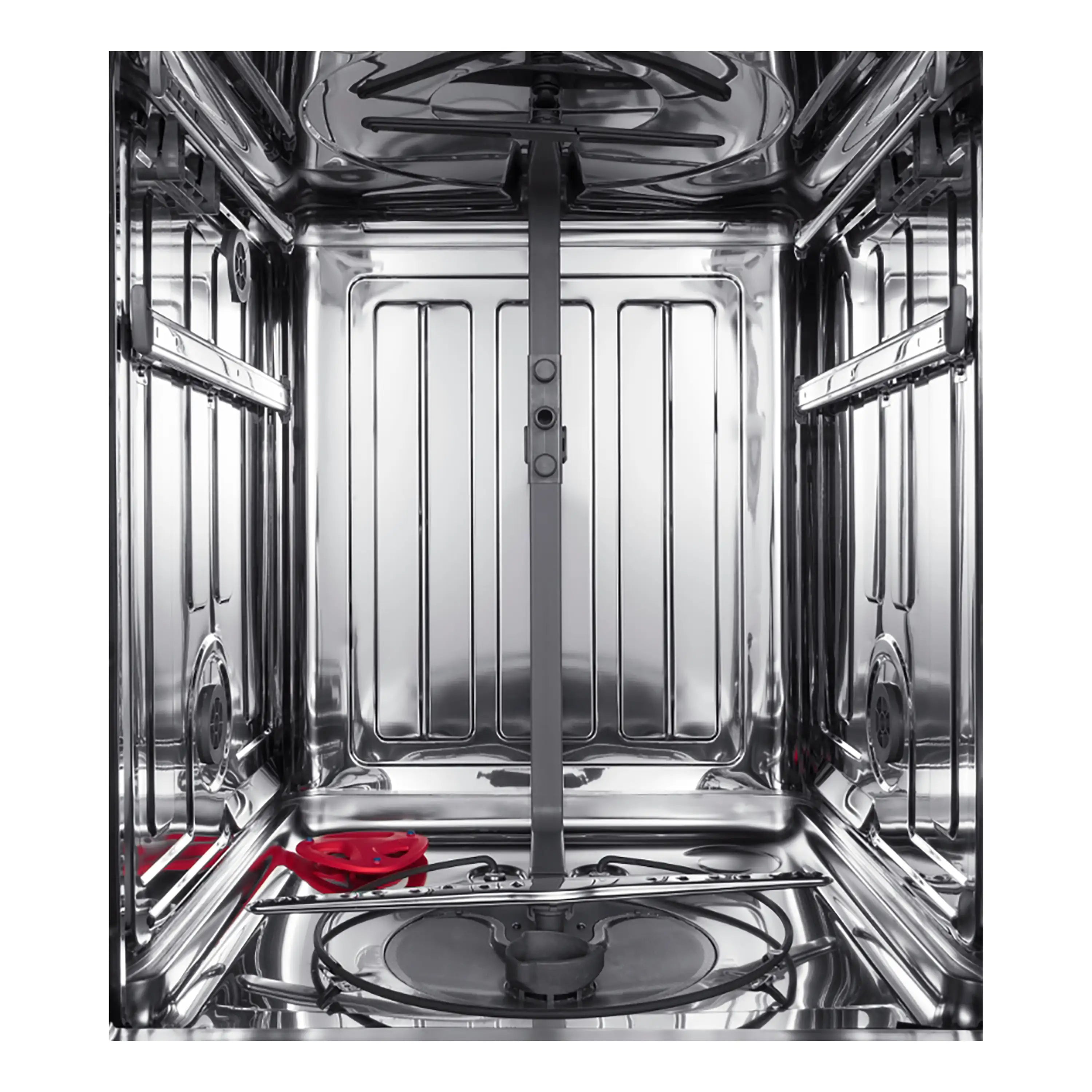 Dishwasher interior with two racks and central spray arm over stainless tub