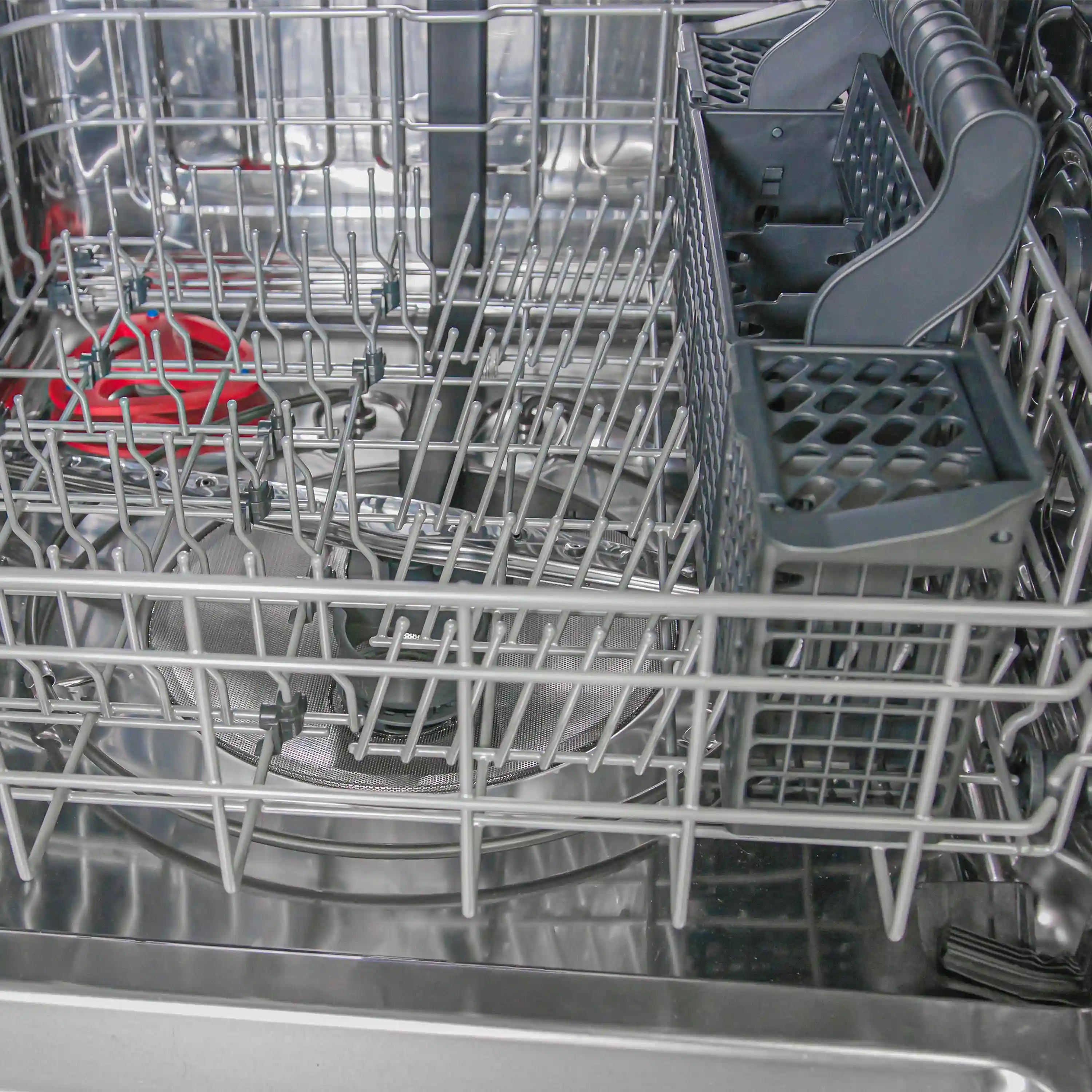 Upper dishwasher racks with chrome rails and divider shelves for dishes