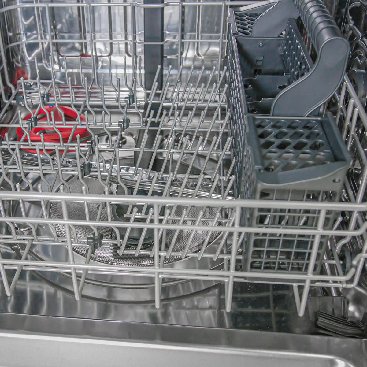 Stainless steel dishwasher rack with wire tines and open lower basket area