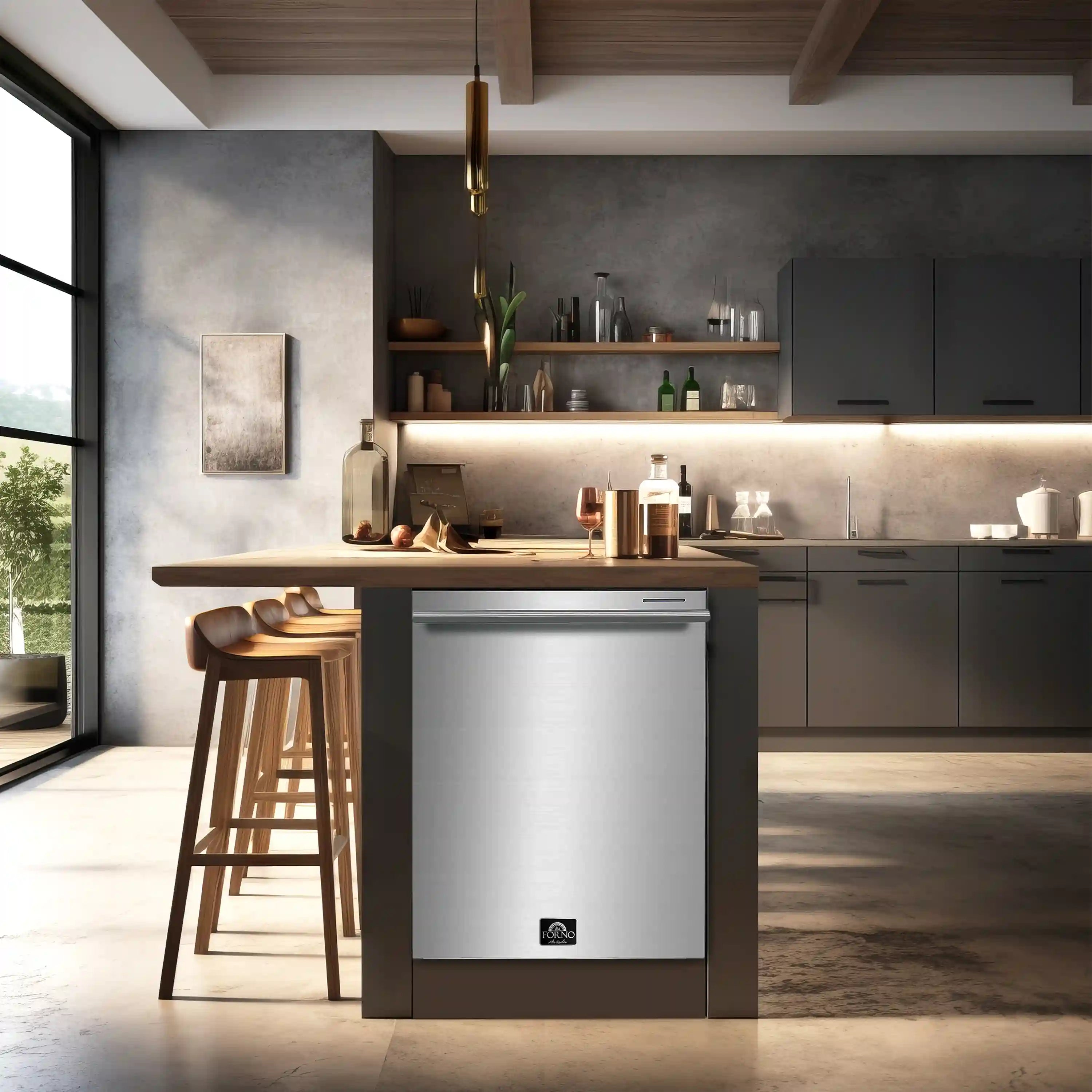 Stainless steel built-in dishwasher with flat front door in a kitchen setting