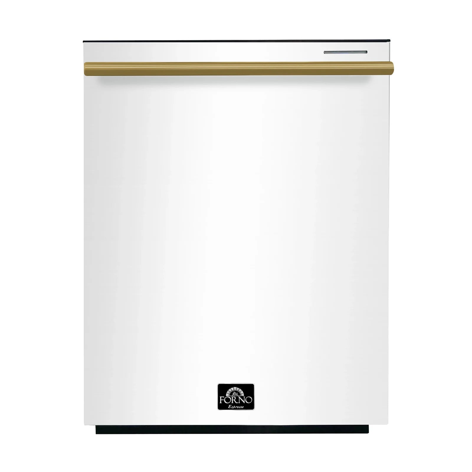 Dishwasher door, white with antique-brass top trim.