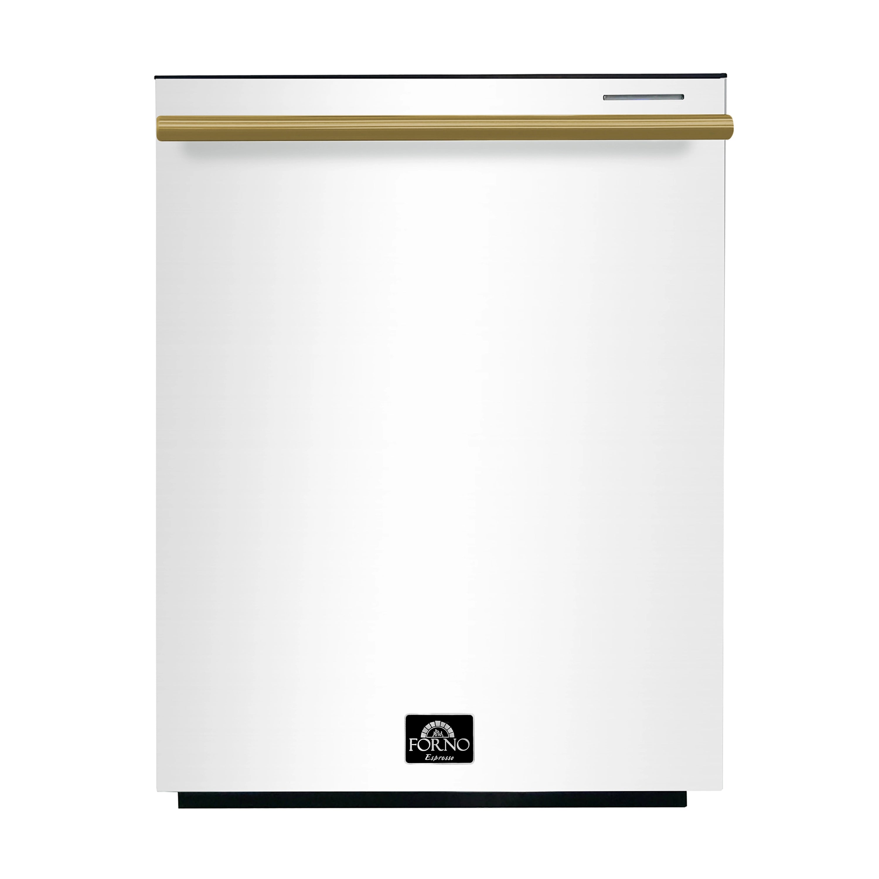 White dishwasher with antique brass trim and Forno logo on front