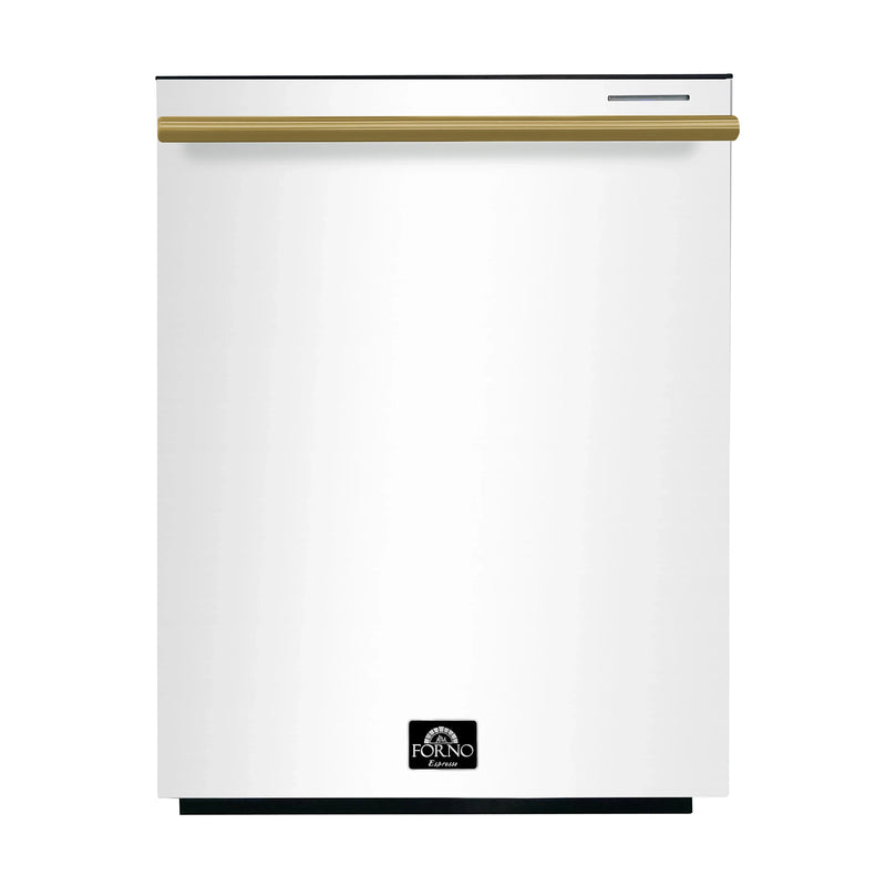 Forno 5-Piece Appliance Package - 30-Inch Inducton Range, Under Cabinet Range Hood, Refrigerator with Water Dispenser, Dishwasher, and  24-Inch Microwave Oven in White with Antique Brass Trim