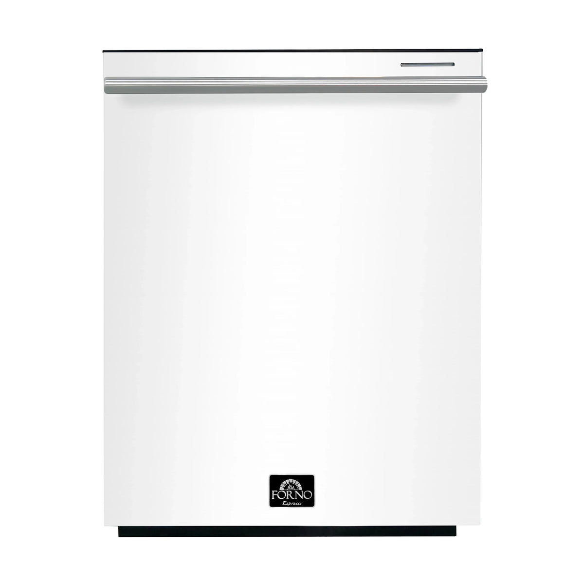 White built-in dishwasher with stainless steel trim, closed door