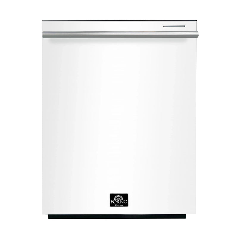 Forno Antico 5-Piece Appliance Package - 36-Inch Dual Fuel Range, 36-Inch Hood, 36-Inch Refrigerator, 24-Inch Dishwasher, & 24-Inch Microwave Oven in White with Antique Brass Trim