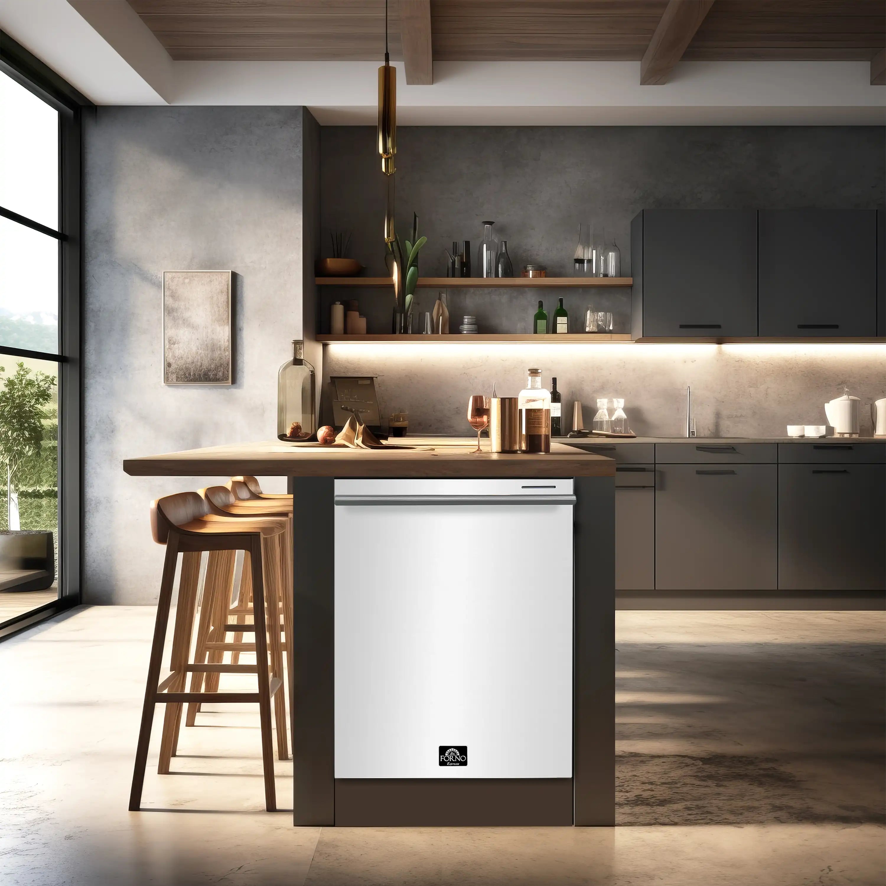 White built-in dishwasher with stainless control panel, installed under countertop