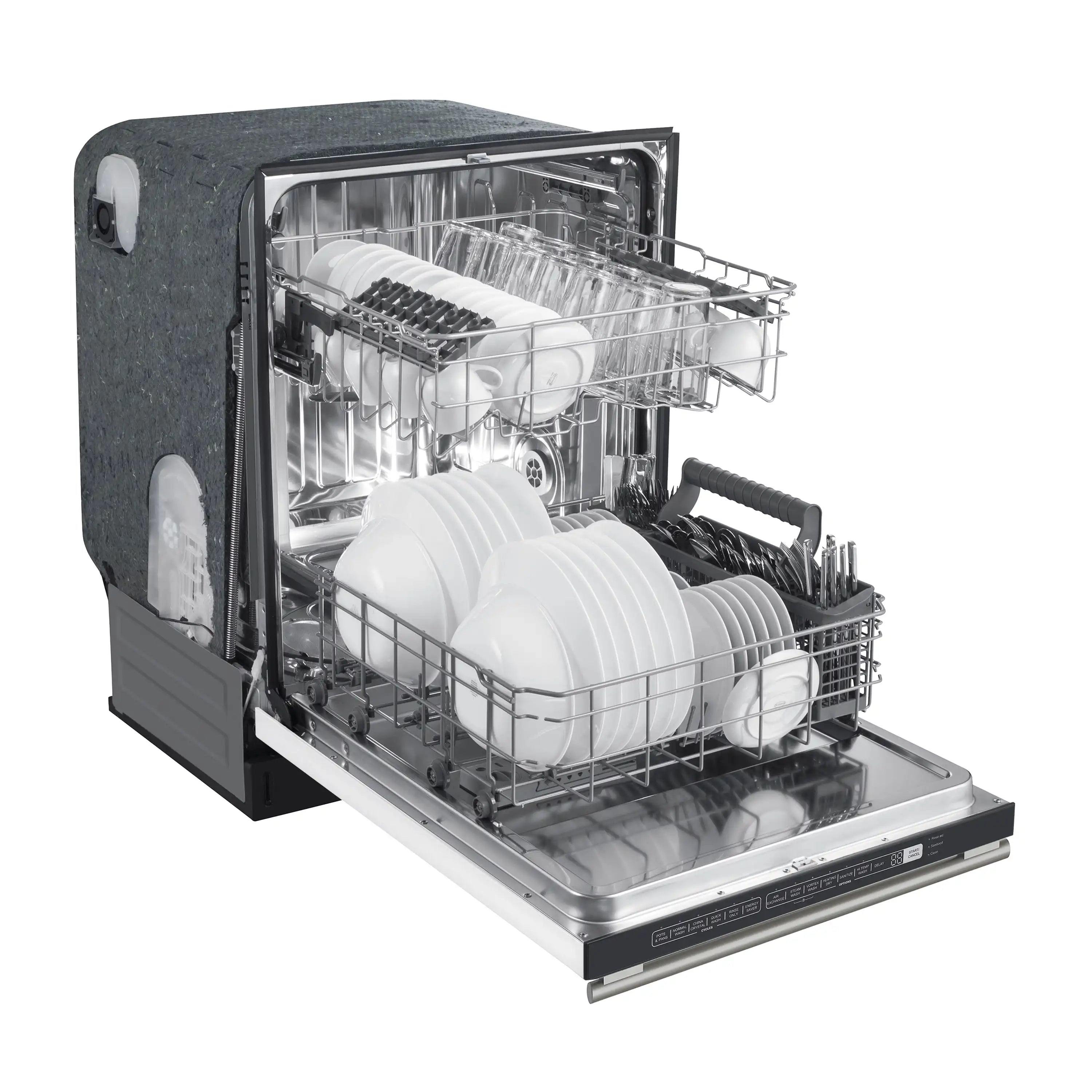 Dishwasher with stainless racks loaded with plates and bowls, door open