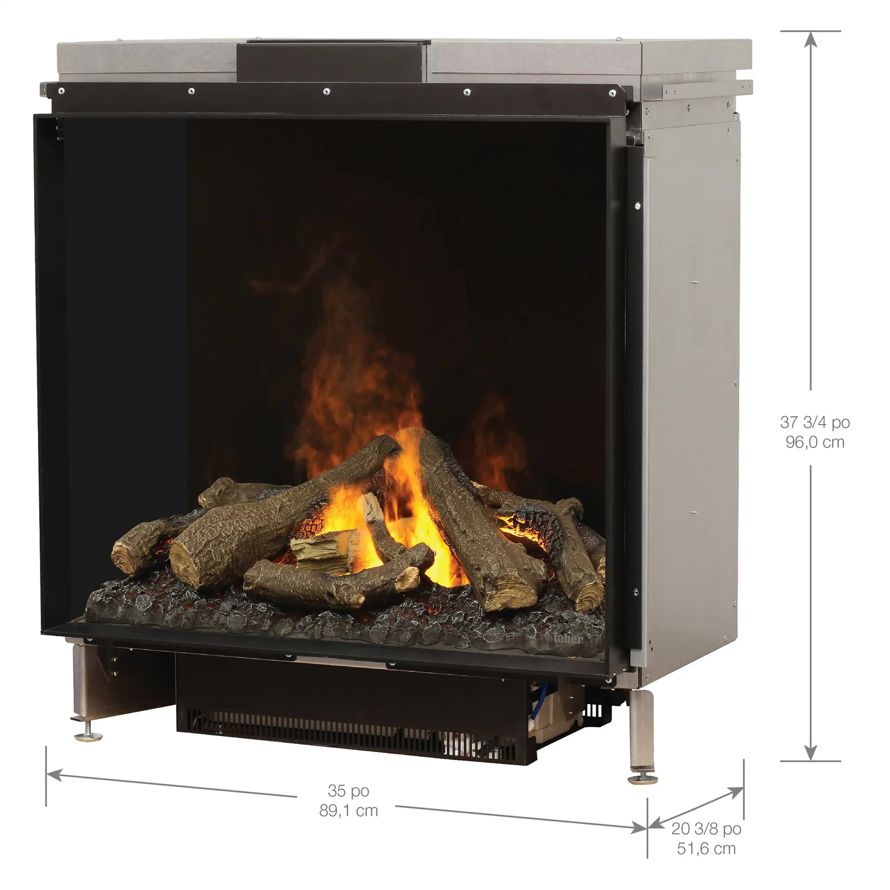 Electric firebox insert with glowing embers, burning logs, and open black frame