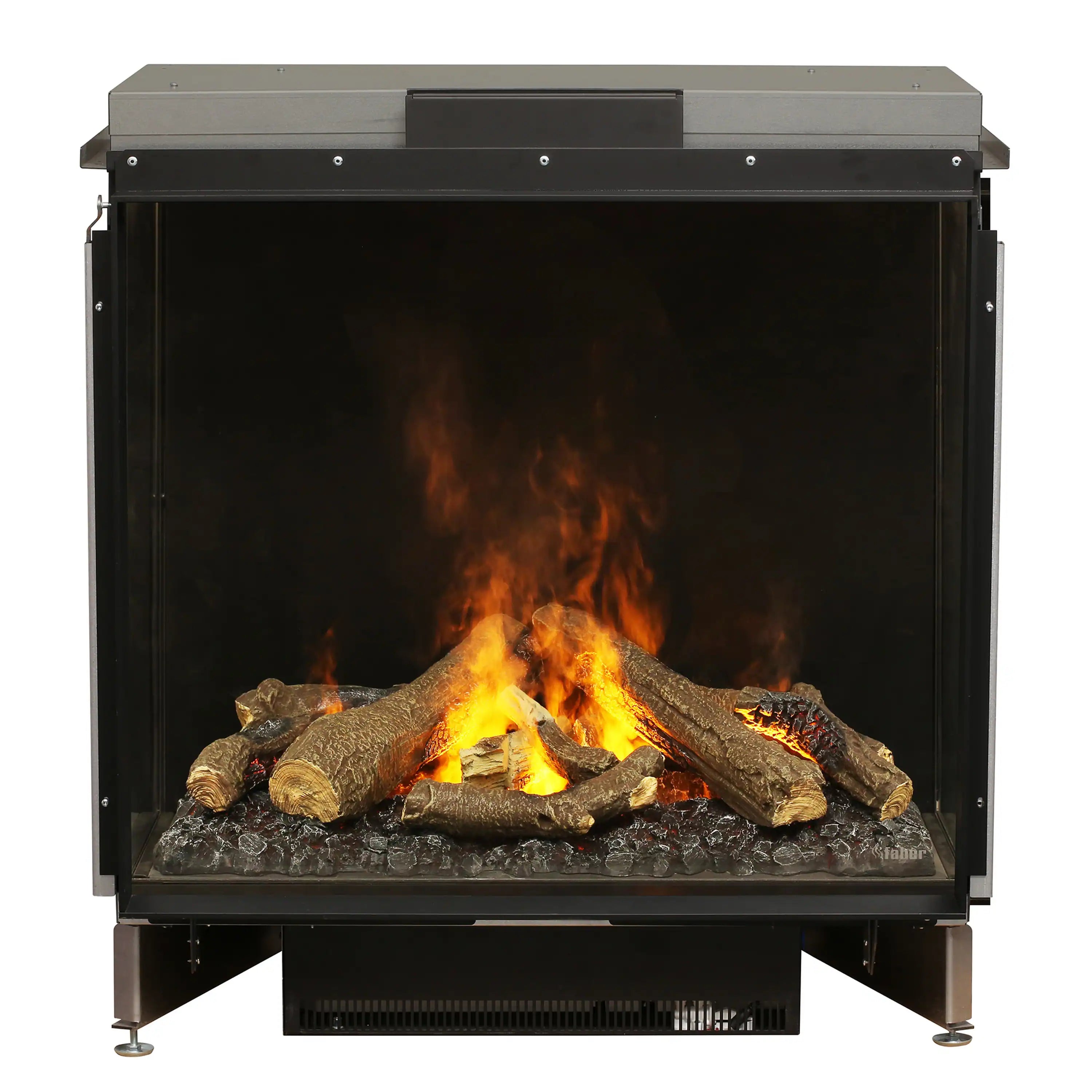 Electric firebox insert with centered flames, charred log set, and dark ember bed