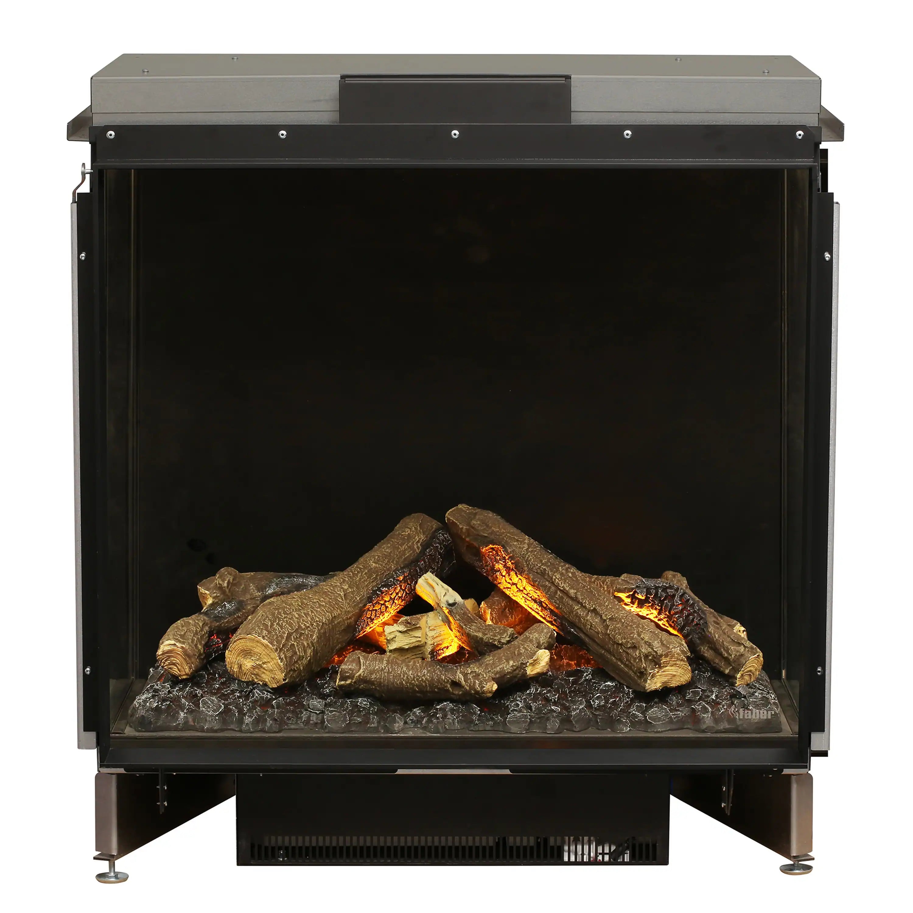 Electric firebox insert with burning logs and bright flame accents over dark embers