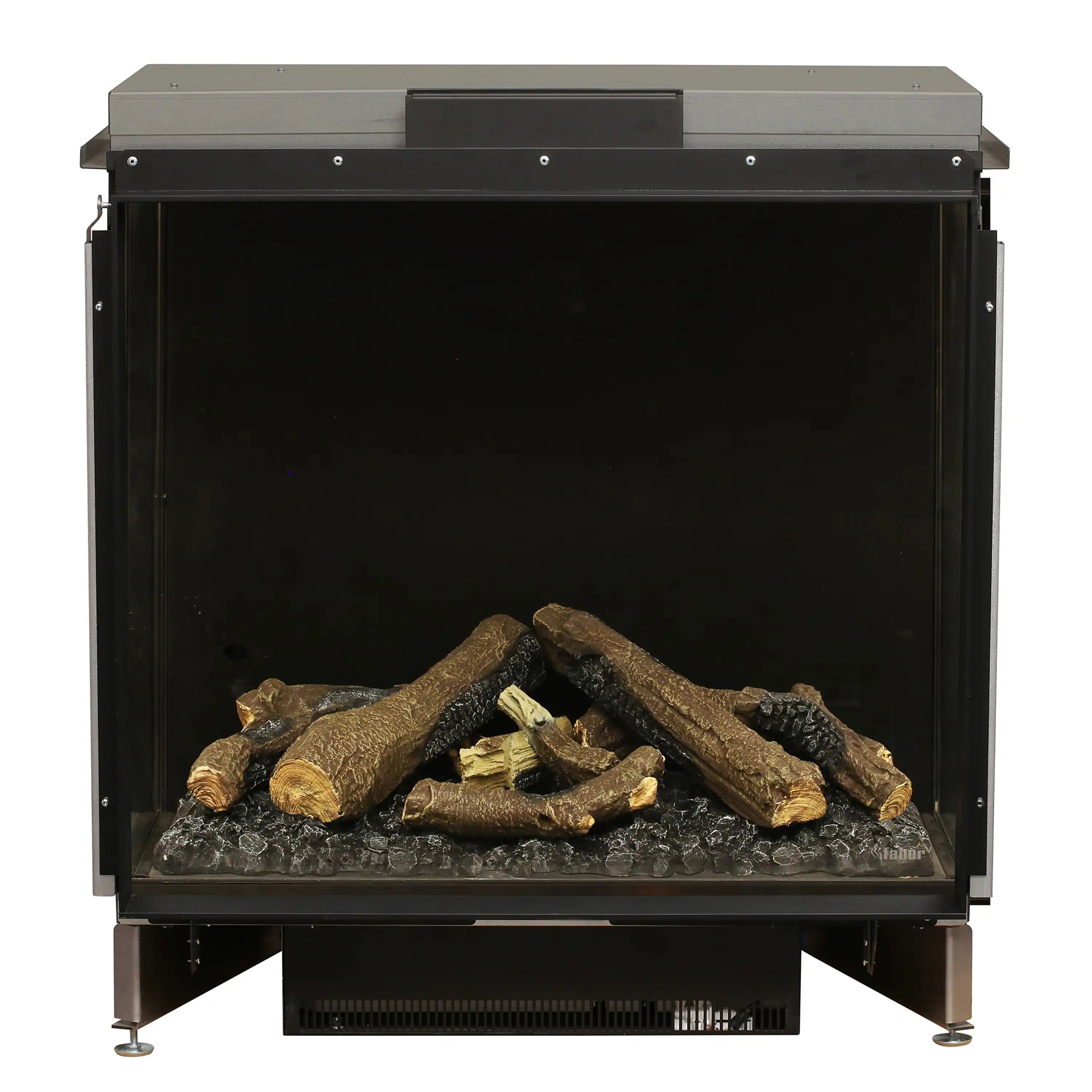 Electric firebox insert with stacked logs and glowing embers in the open black opening