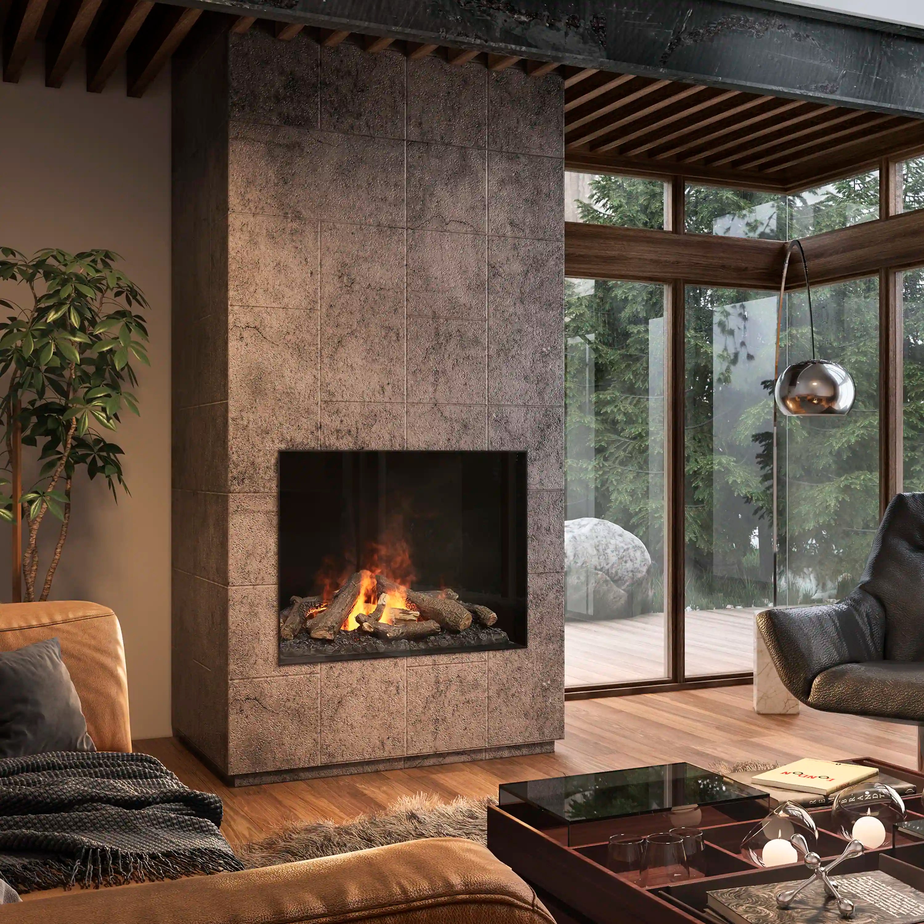 Electric fireplace insert in stone surround with visible flames and a log set