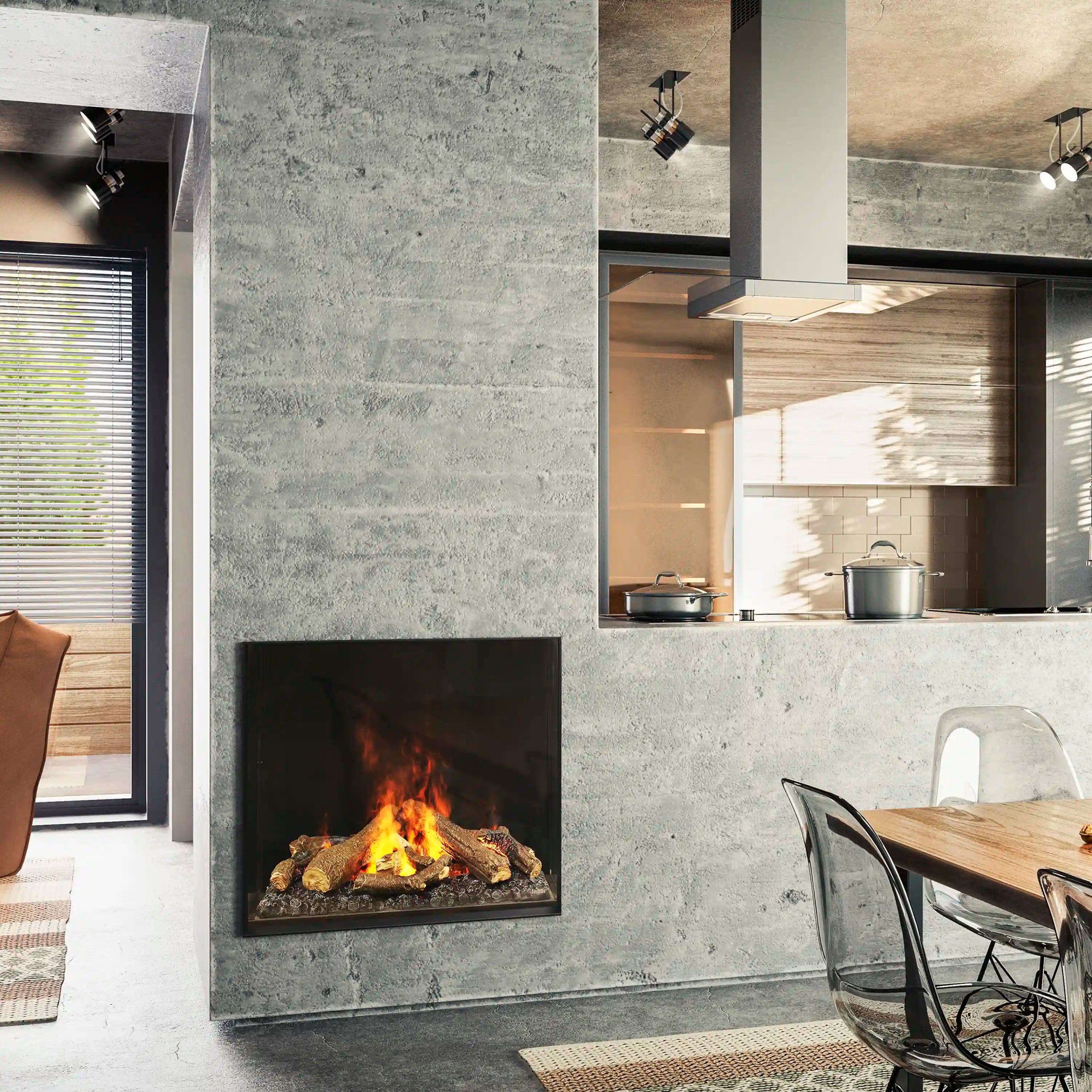Electric fireplace insert with burning logs inside a dark opening of gray stone wall