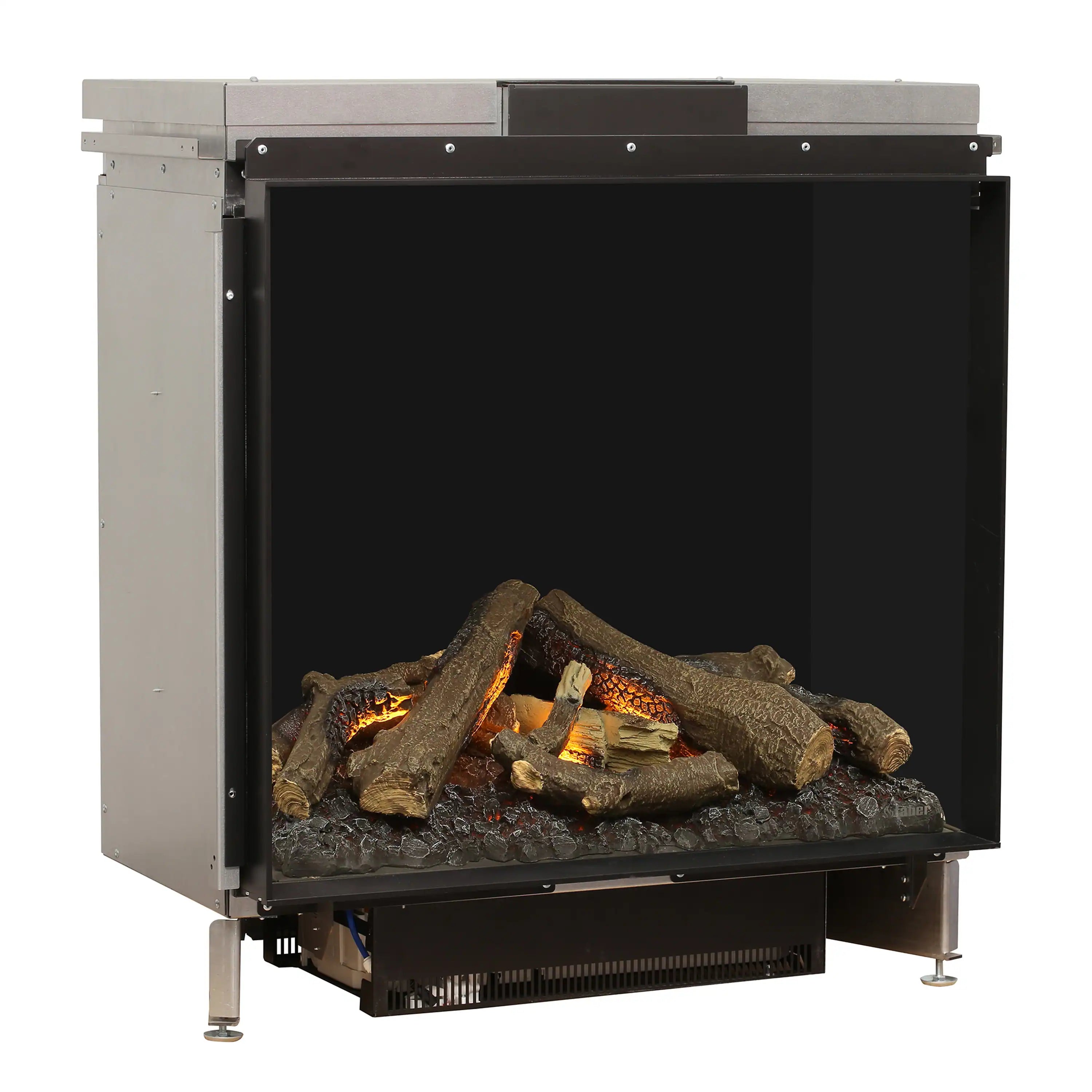 Electric firebox insert in gray housing, open front with burning log set and embers