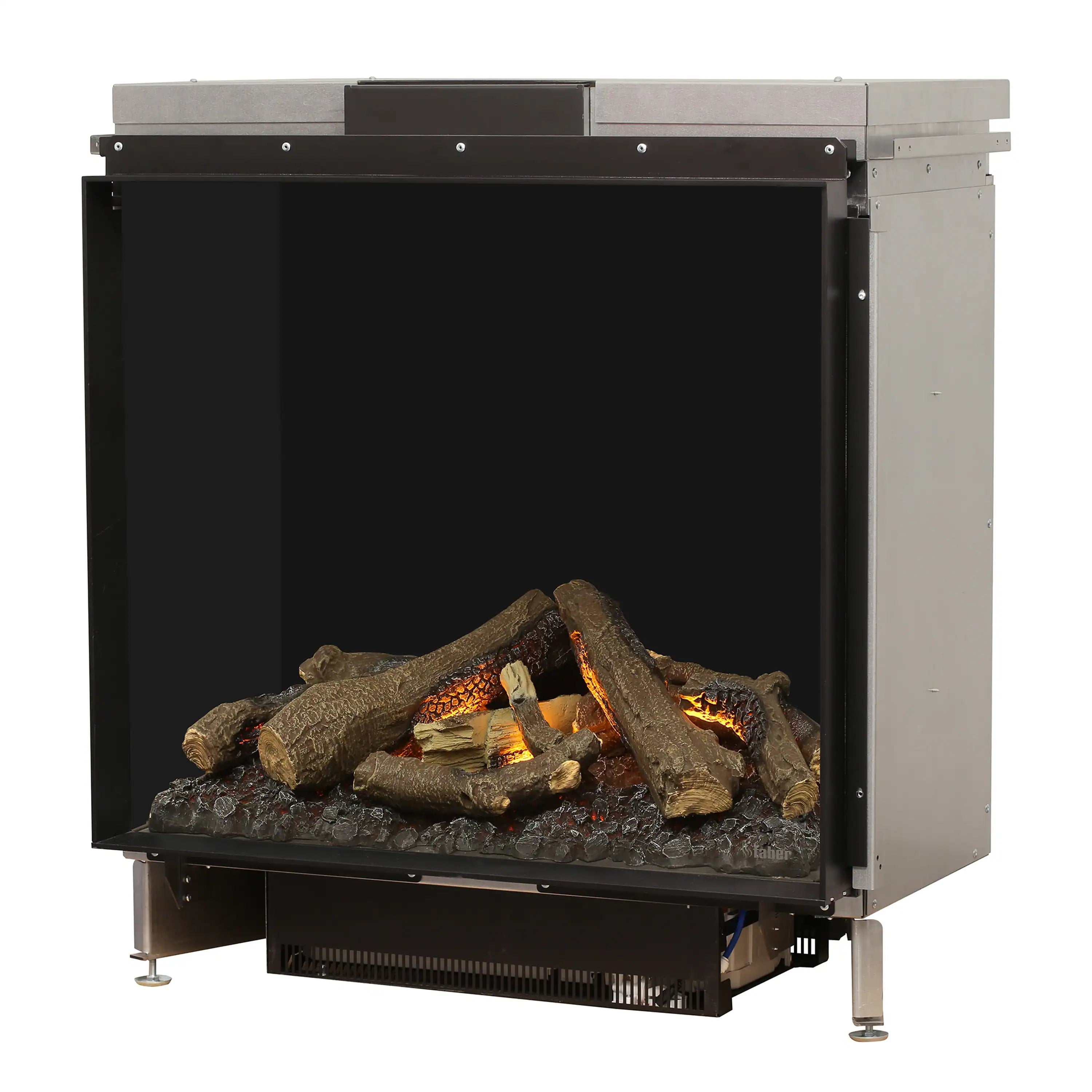 Front electric firebox with black glass, faux logs and glowing embers with orange flames