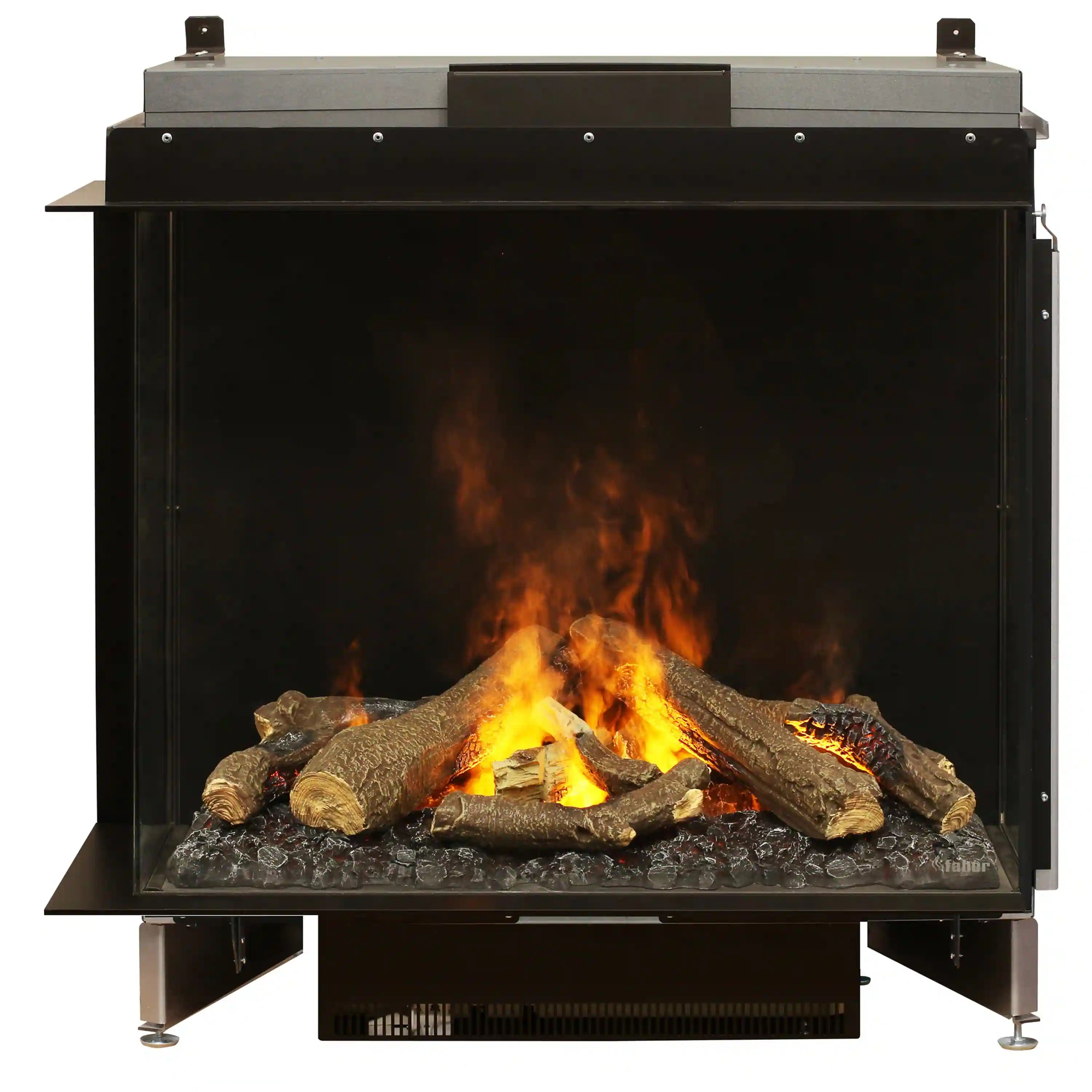Black electric firebox with faux logs and amber flame effect behind a glass front