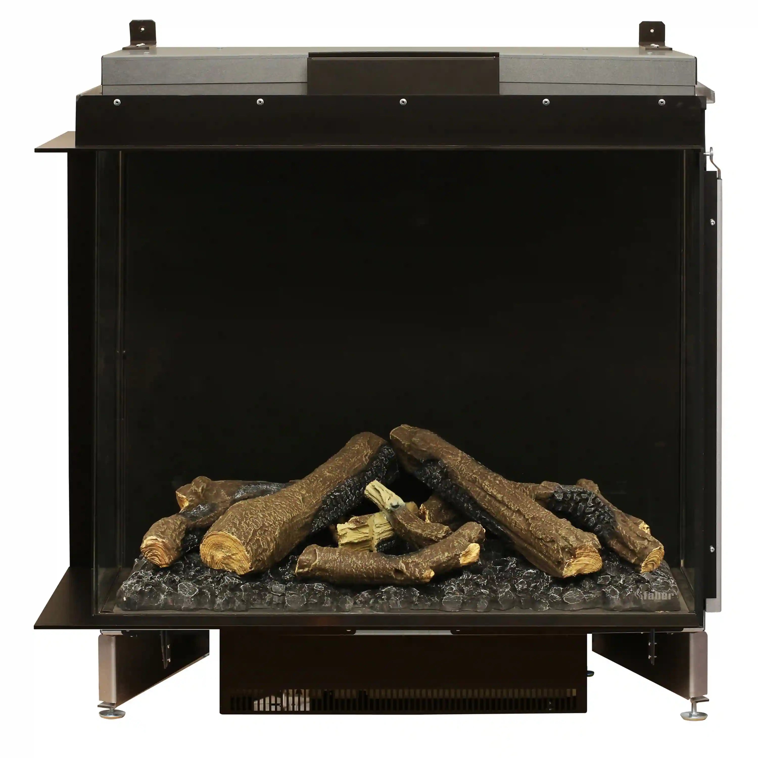 Black electric firebox with faux logs and embers glowing beneath a flame effect