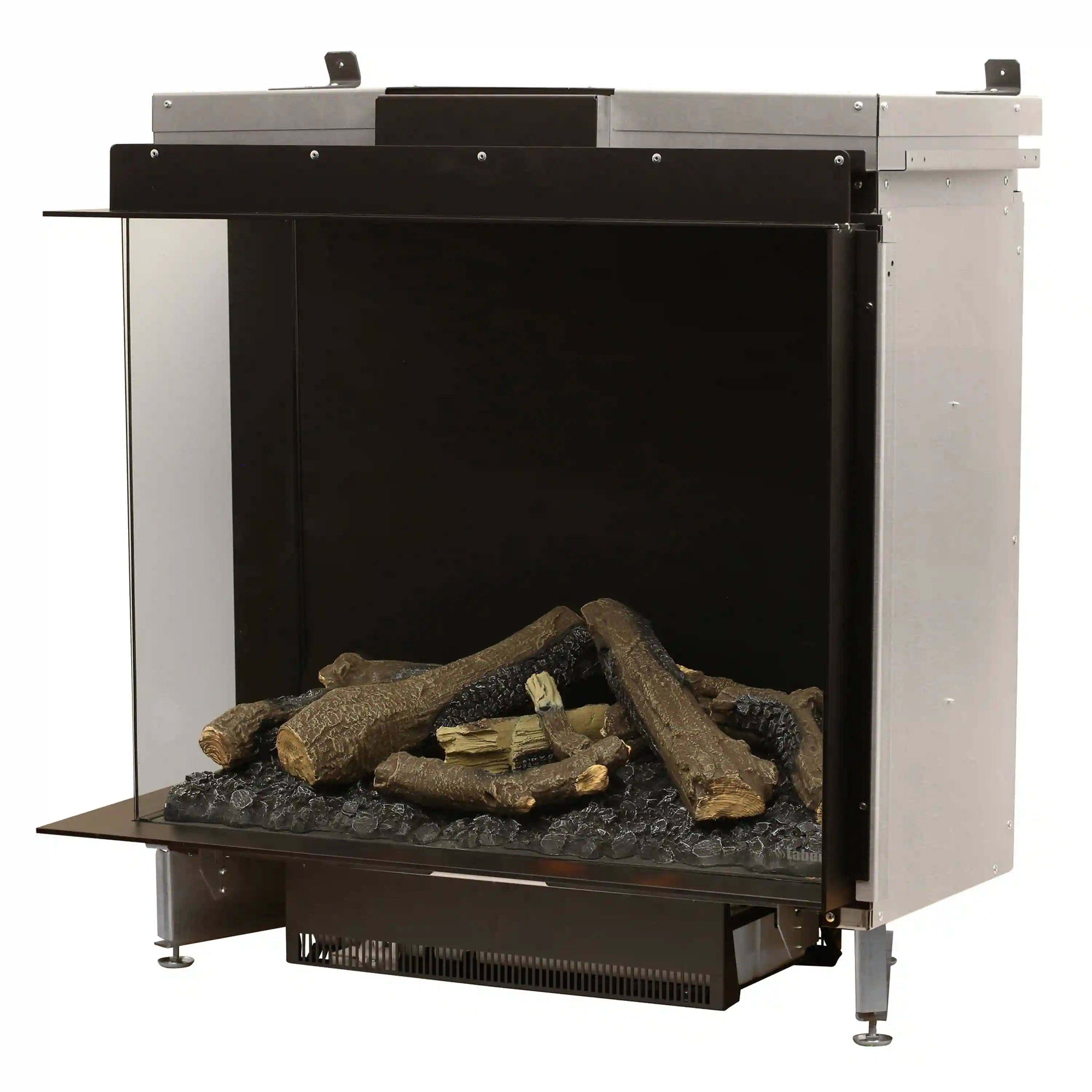 Electric firebox with visible flame window and simulated logs, black inner chamber