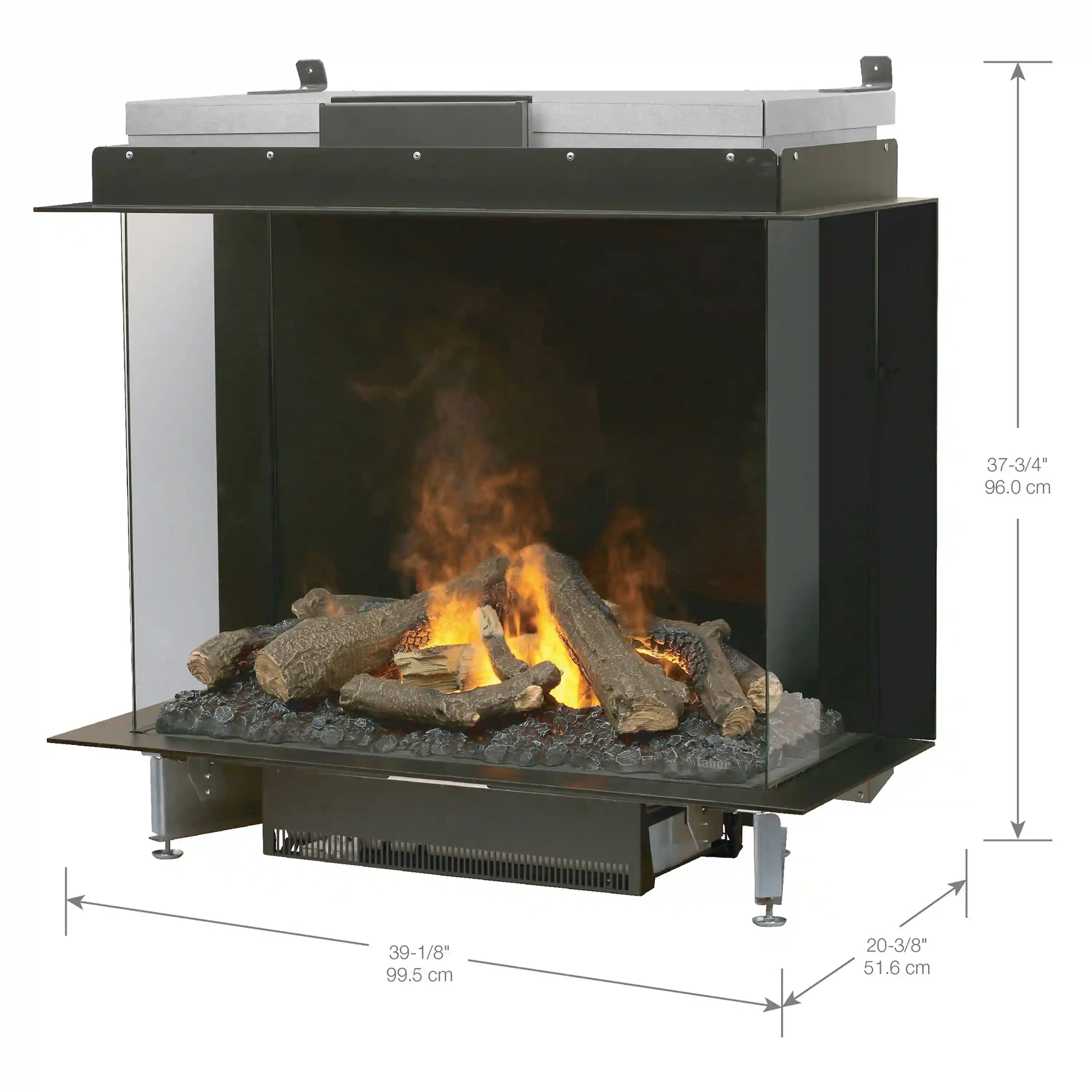 Three-sided electric firebox with black frame, glass front, and glowing log set