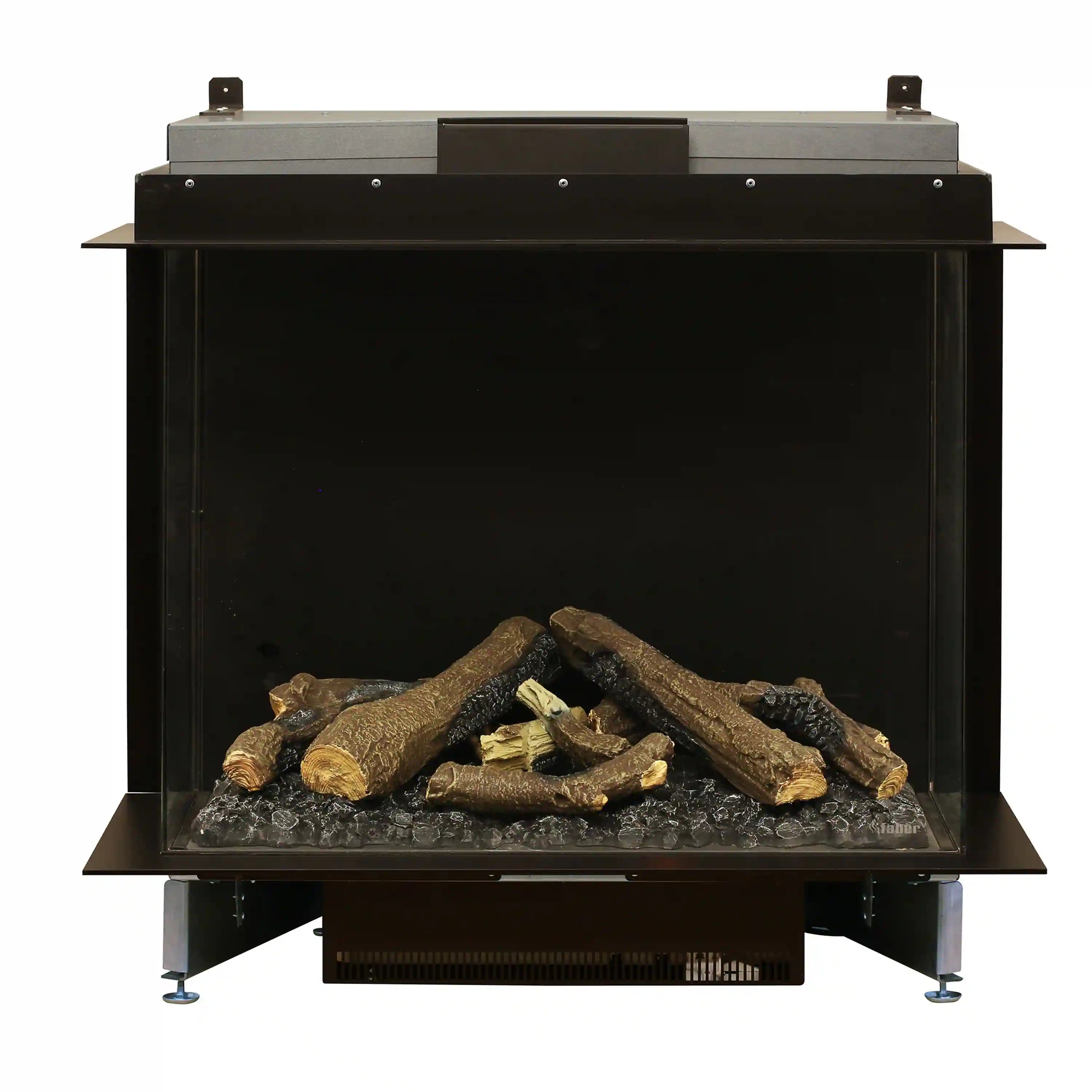 Three-sided electric firebox showing dark logs with reduced flame glow, front view