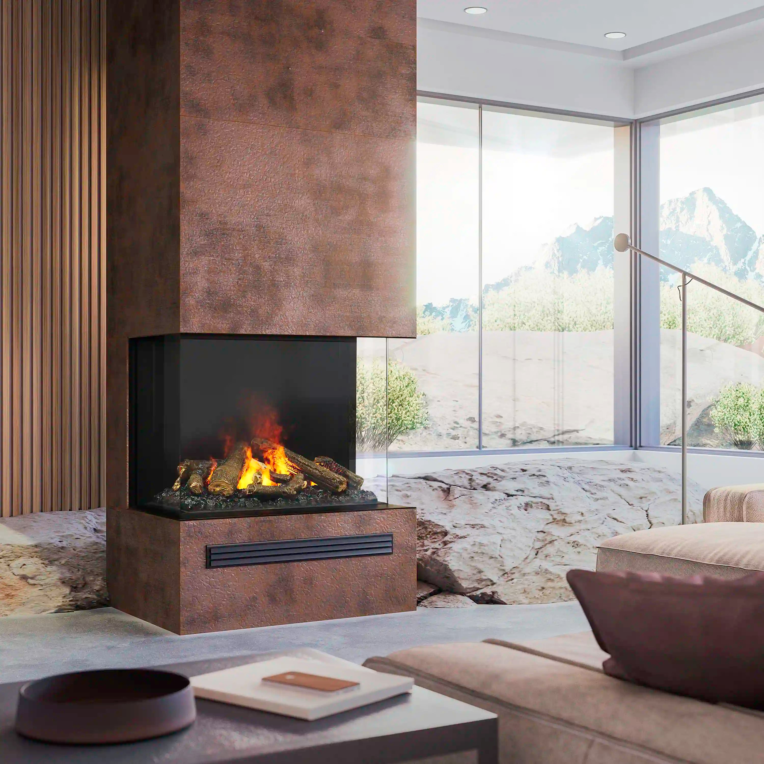 Electric firebox with flame effect and black surround in modern living room