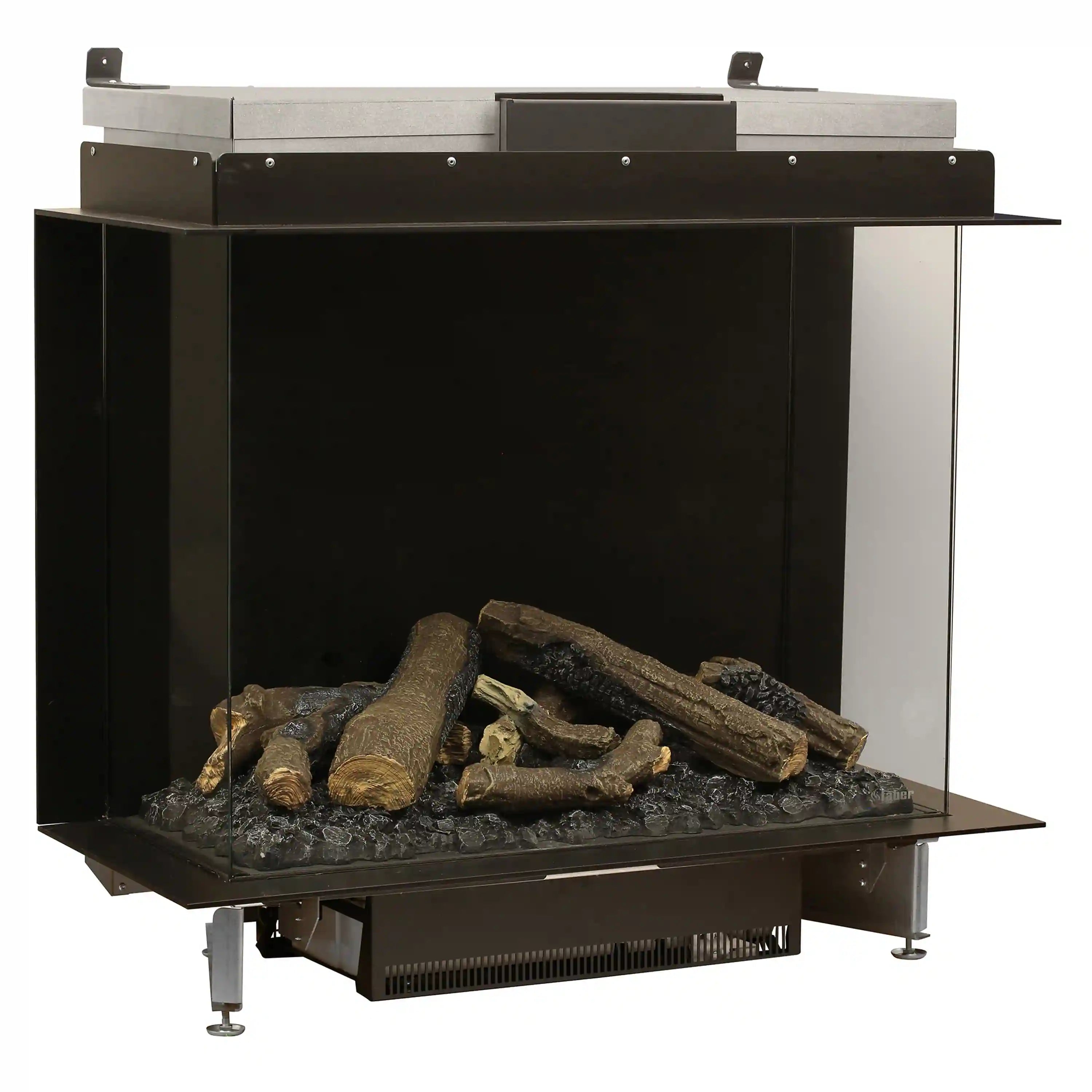 Three-sided electric firebox with black surround, glass front, and burning log set