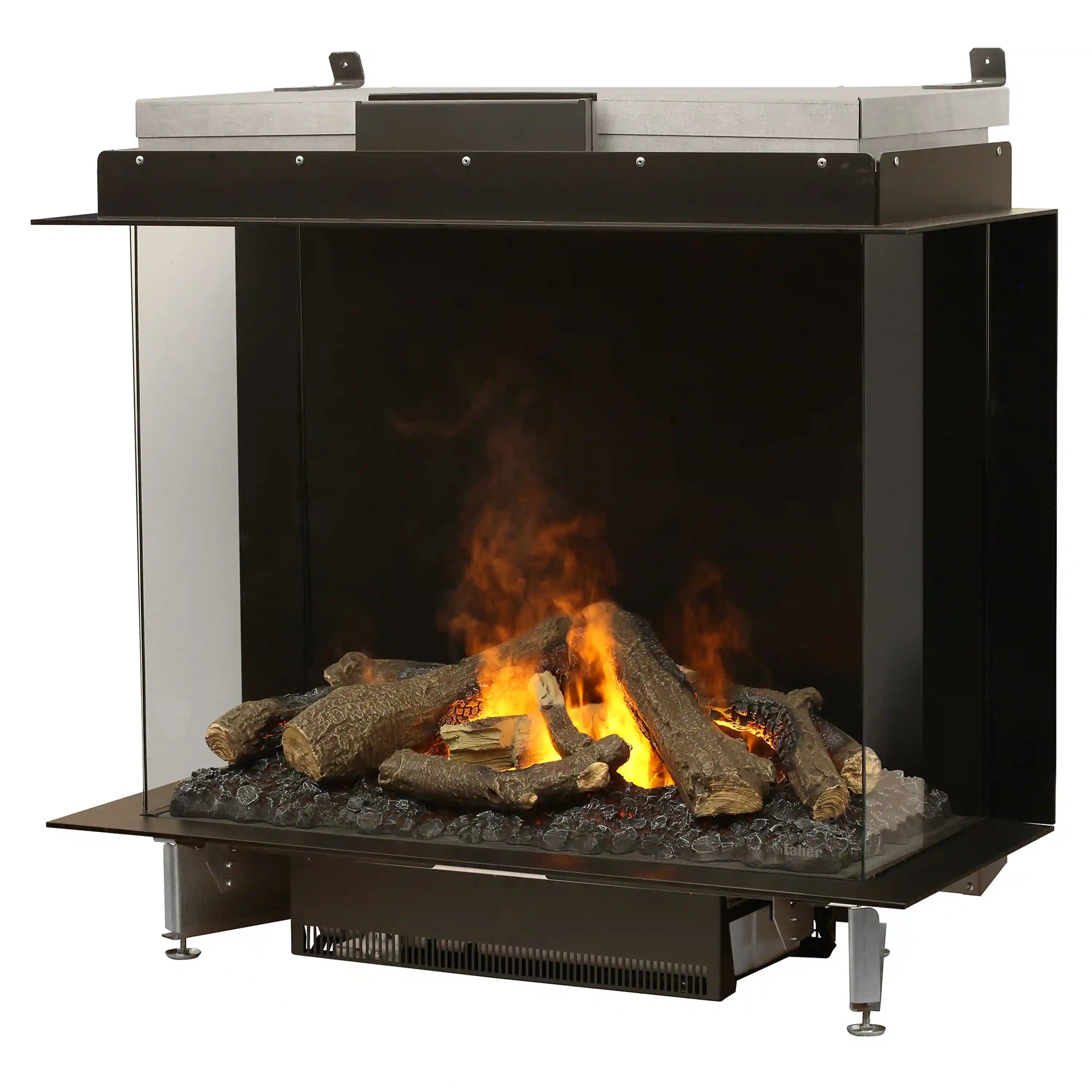 Three-sided electric firebox with glass panels, burning logs, and black surround