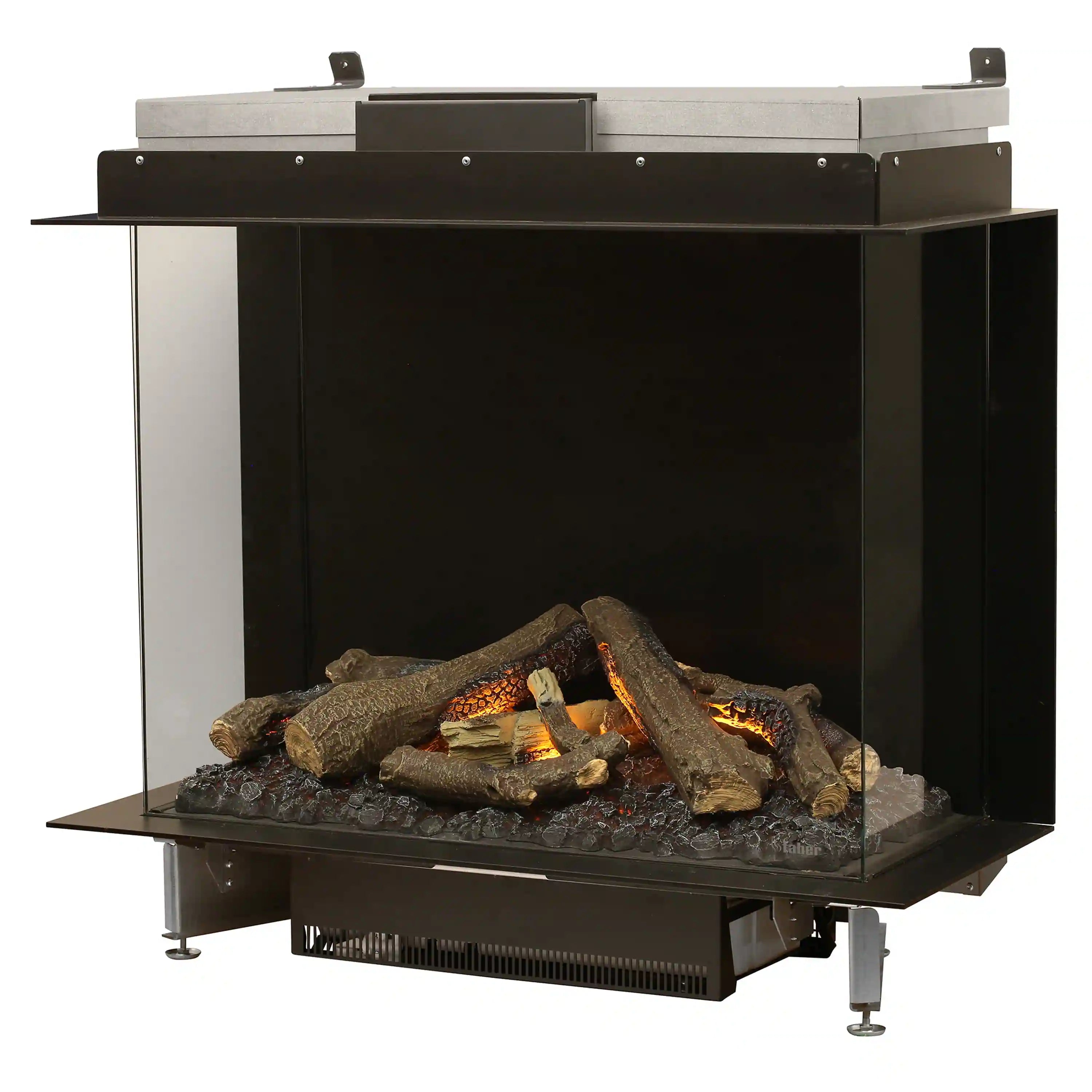Three-sided electric firebox with log effect and warm flame glow, black frame
