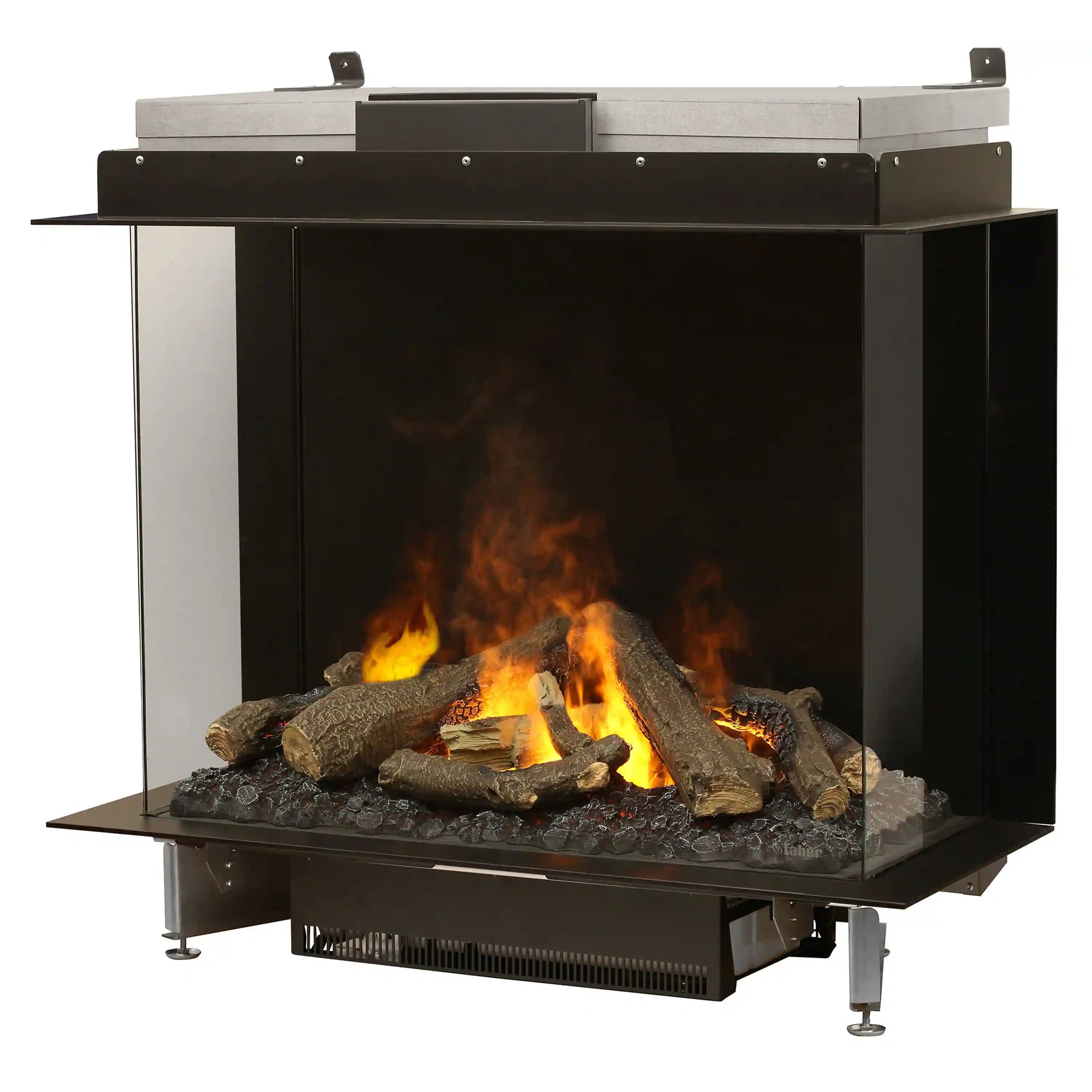 Three-sided electric firebox showing bright flames over burning logs