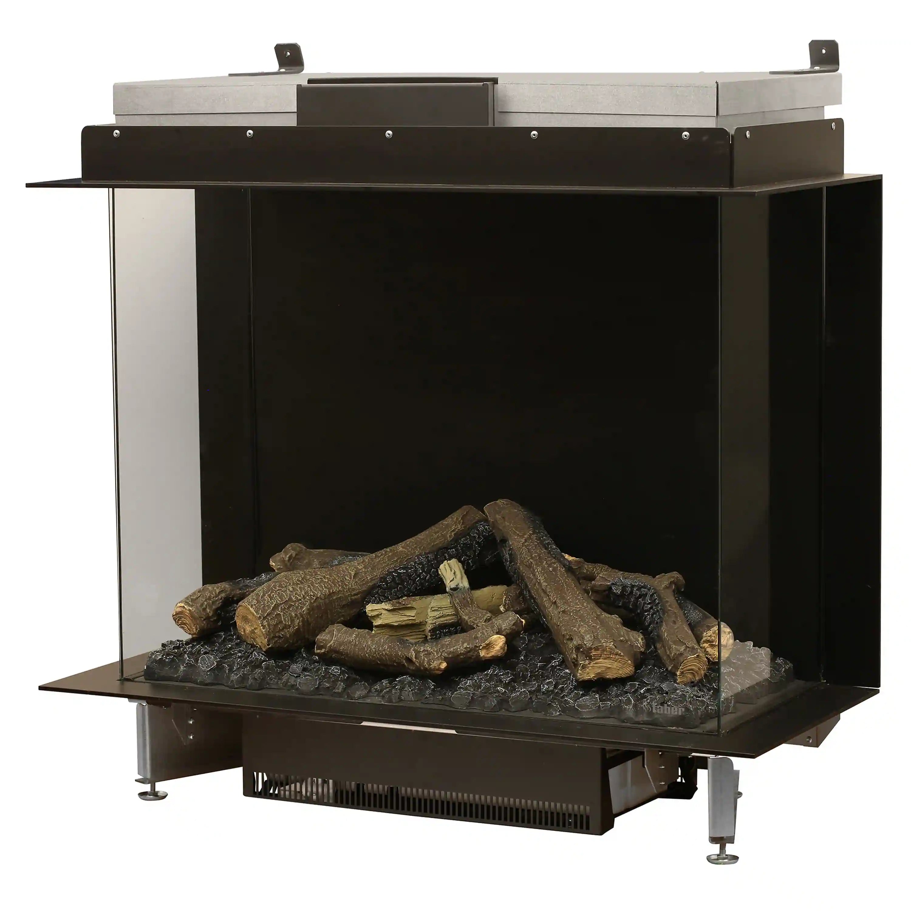 Three-sided electric firebox insert with log effect and glass viewing panels