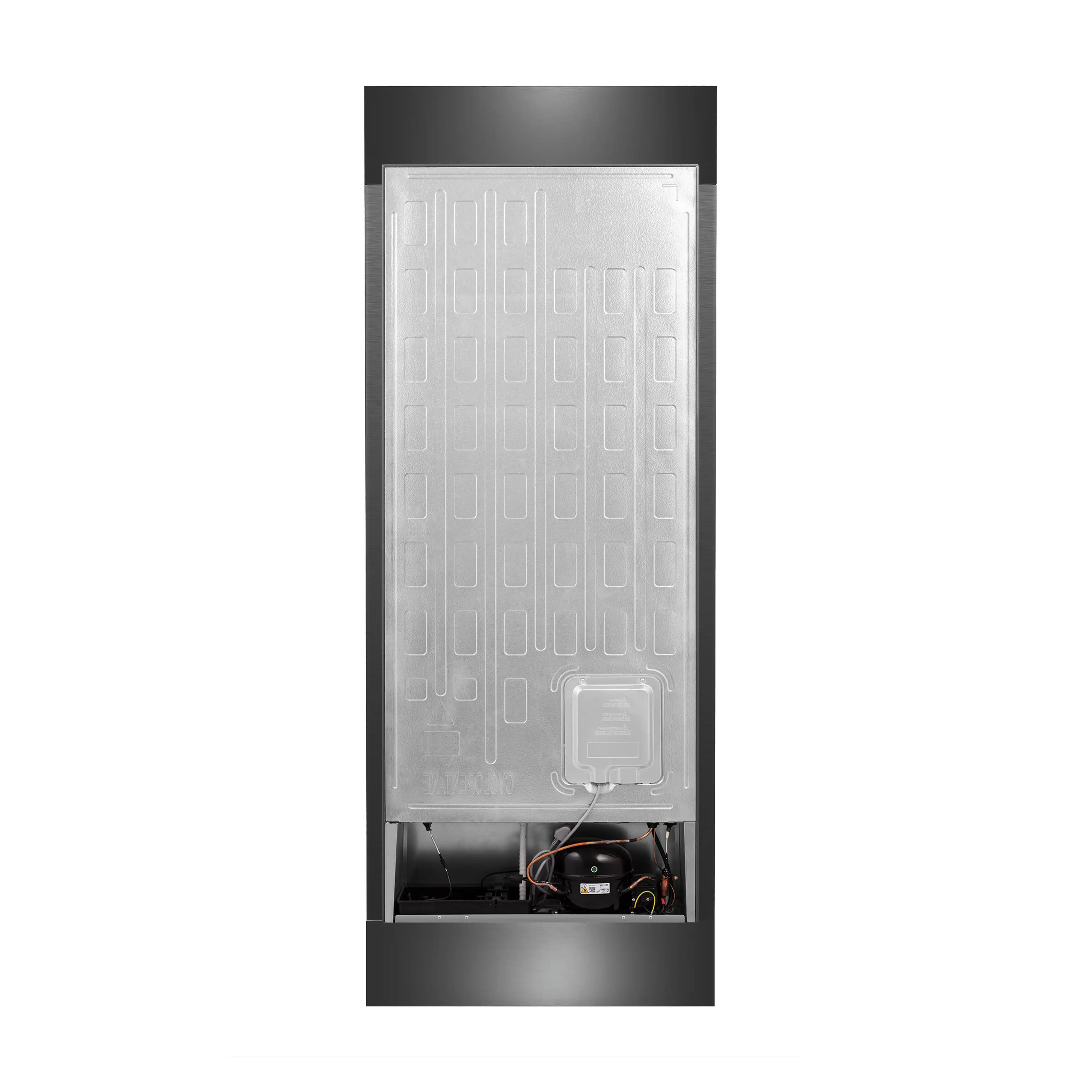 Rear compartment access panel inside built-in refrigerator, showing wiring components