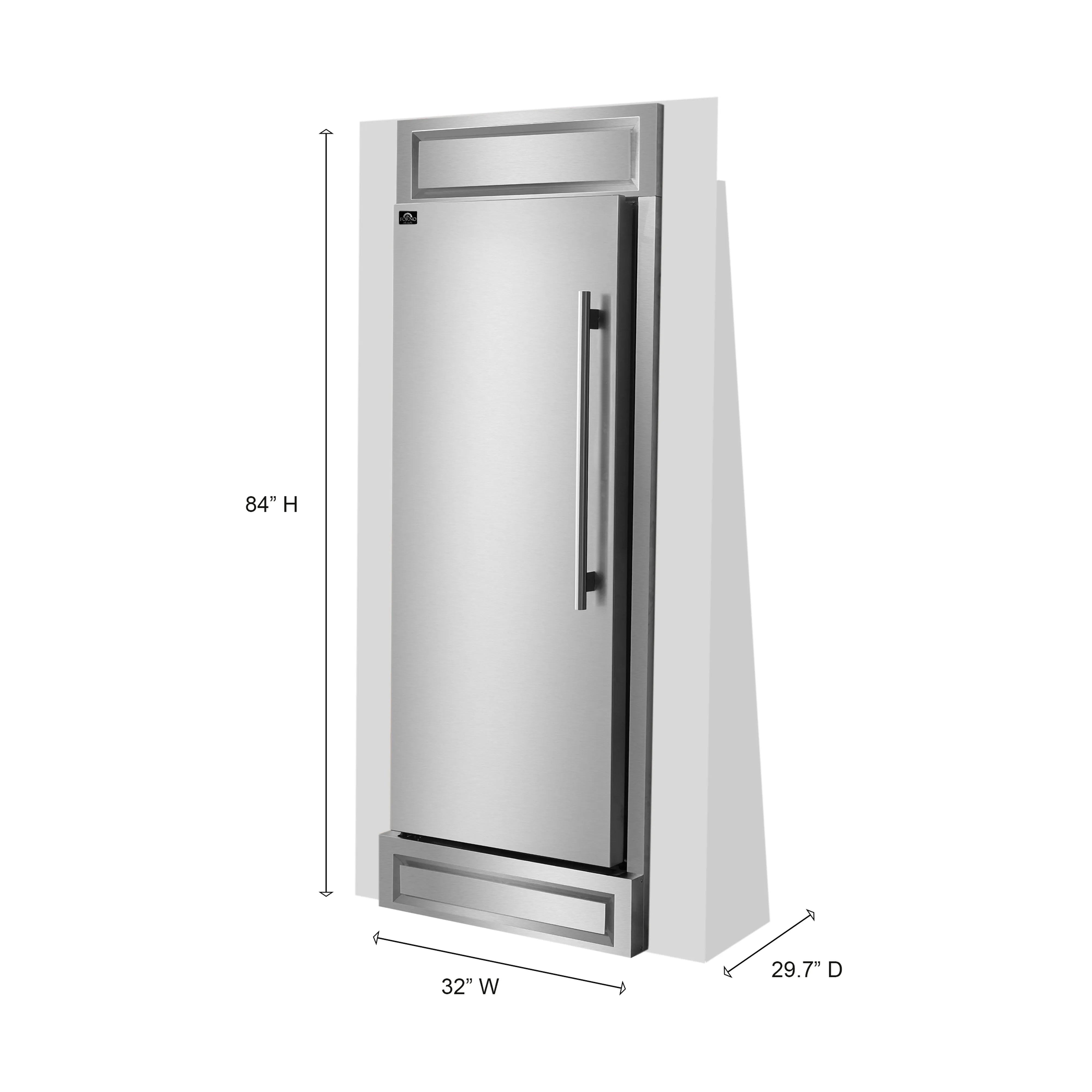 Stainless steel built-in refrigerator dimensions view with left-hinge door
