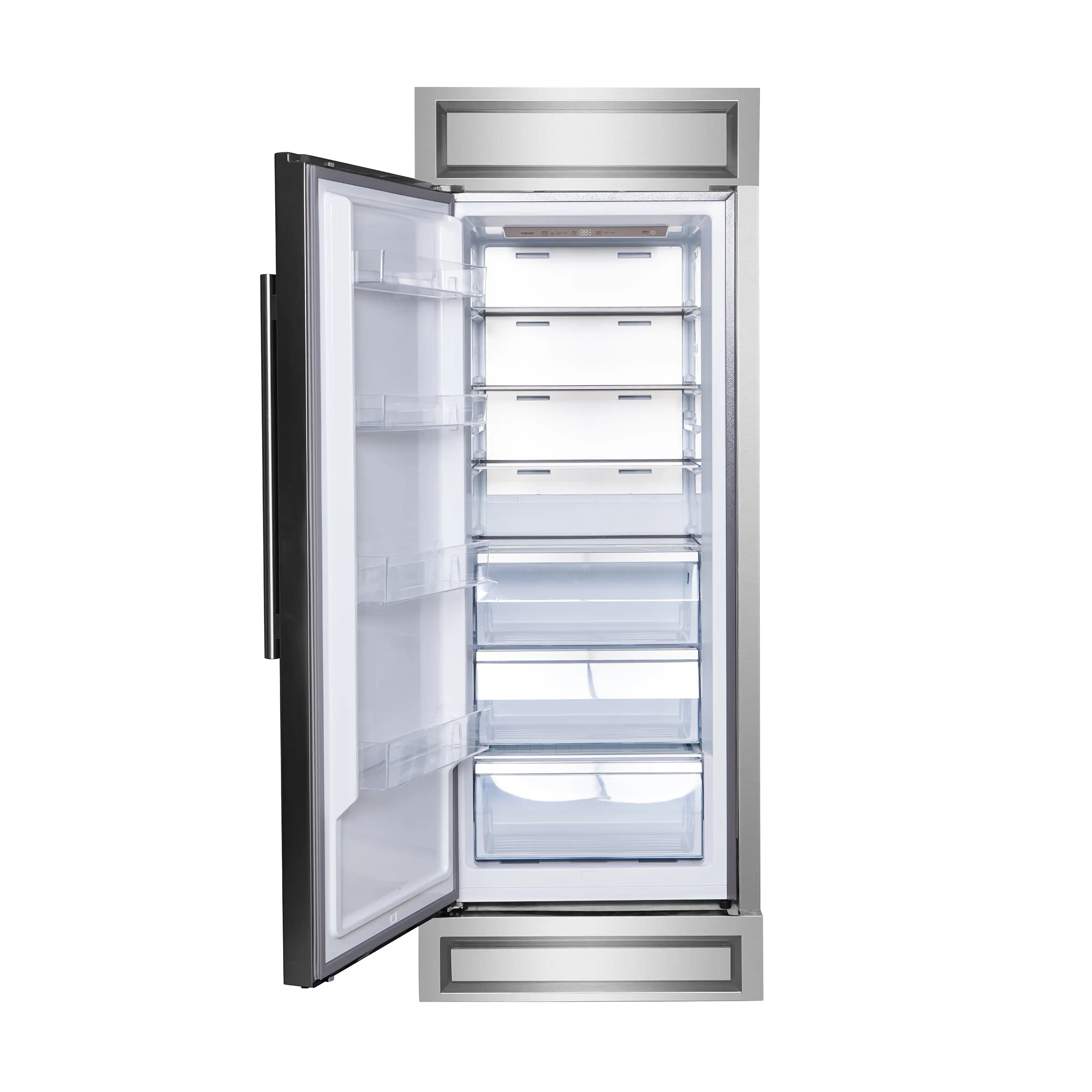Open stainless steel refrigerator/freezer door with interior shelves and drawers