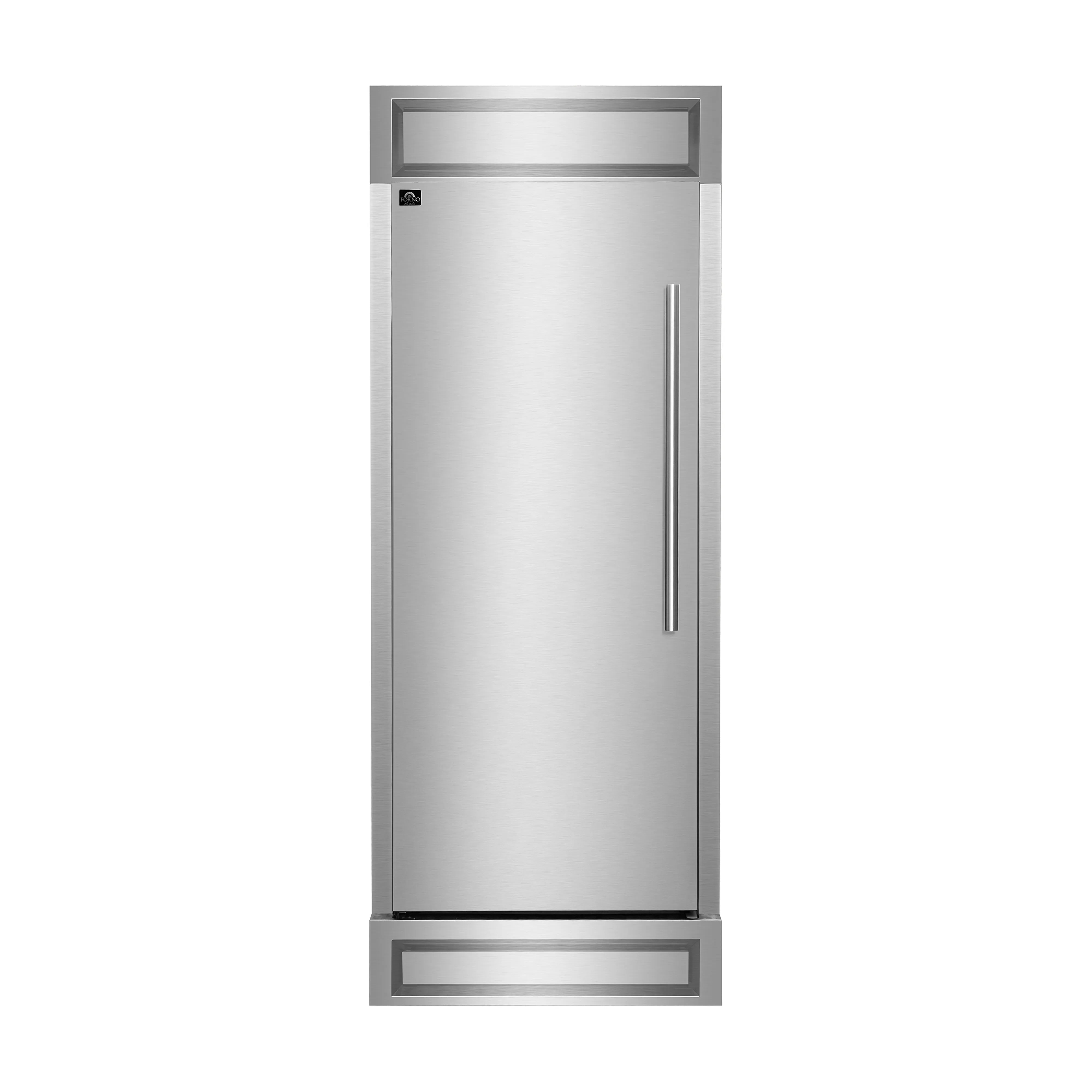 Stainless steel built-in convertible refrigerator with side handle and decorative grille trim