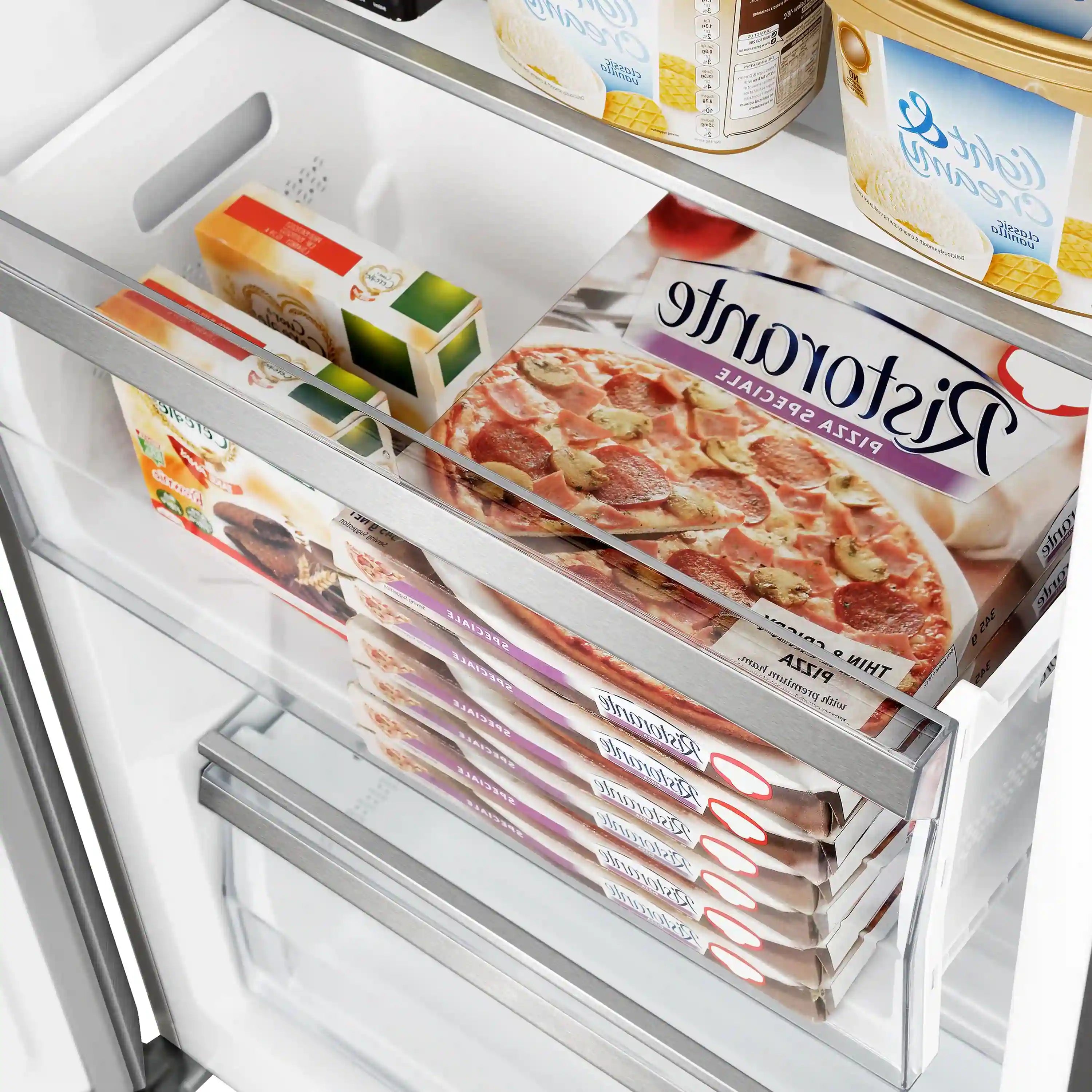 Built-in refrigerator freezer drawer with frozen food packages