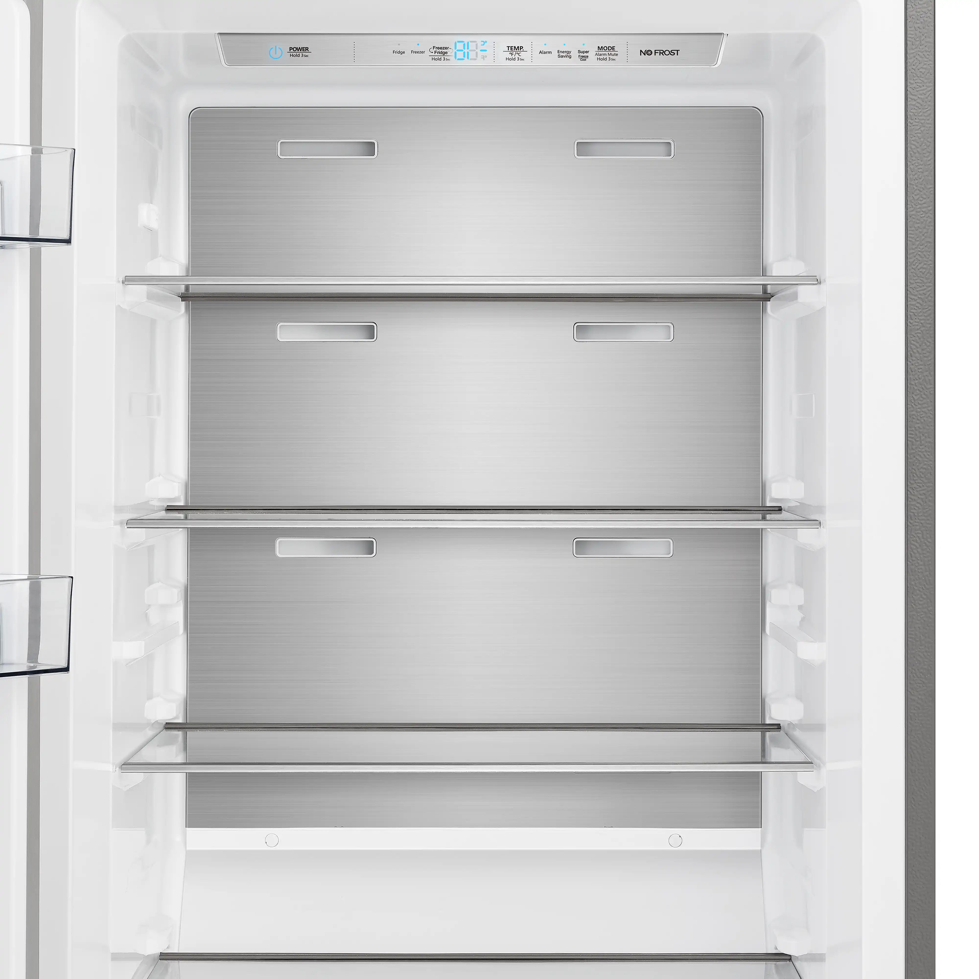 Refrigerator interior with top-to-bottom shelves and drawers, clean white back wall