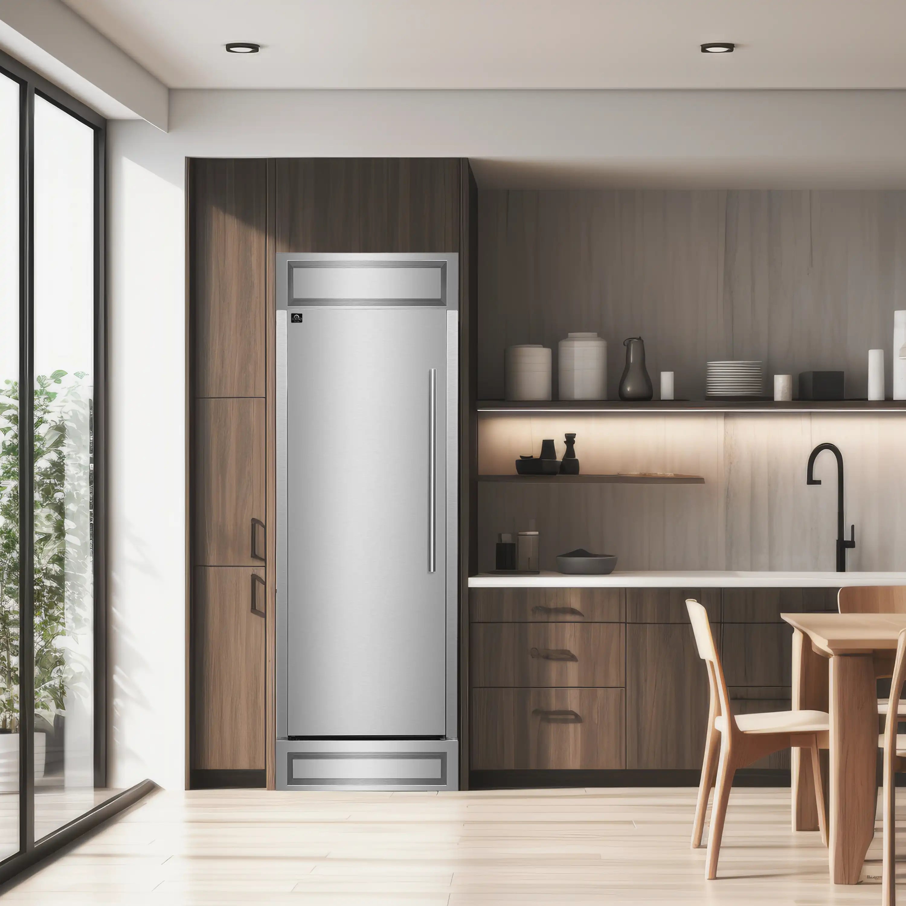 Built-in stainless steel refrigerator/freezer with full-height door, handle, and grille trim