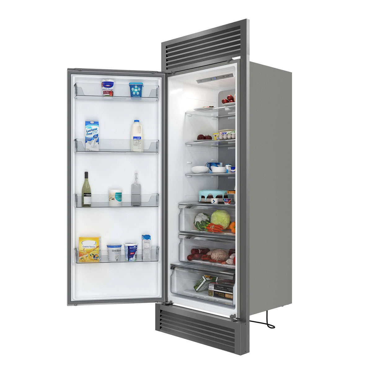 Built-in convertible refrigerator with one door open showing interior shelves and bins