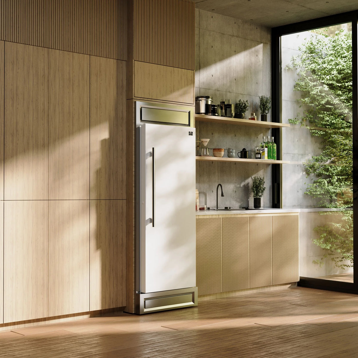 Forno Maderno 28-Inch Built-In 13.6 Cu.Ft. Convertible Refrigerator in White with Antique Brass Trim, Right Swing with Decorative Grille shown in a styled kitchen