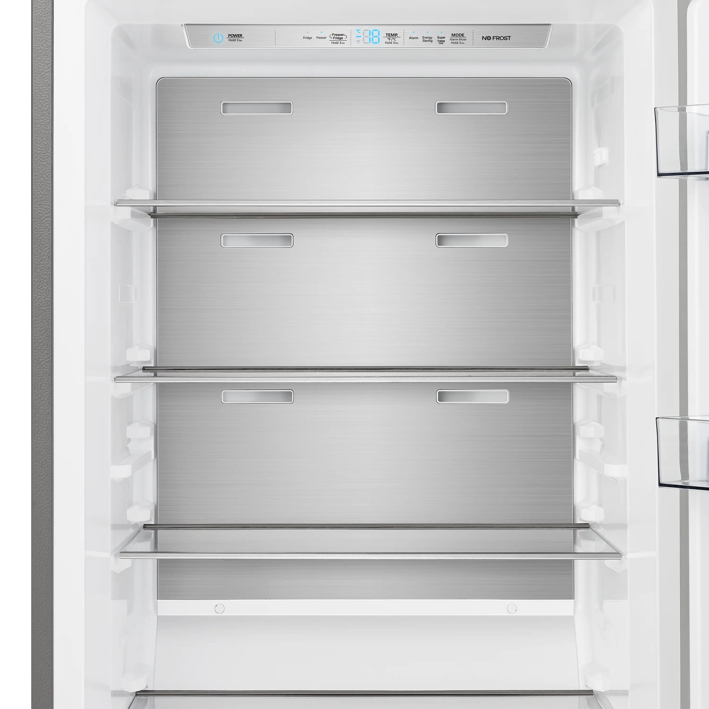 Open refrigerator interior with three stainless wire shelves and fruit/vegetable drawers.