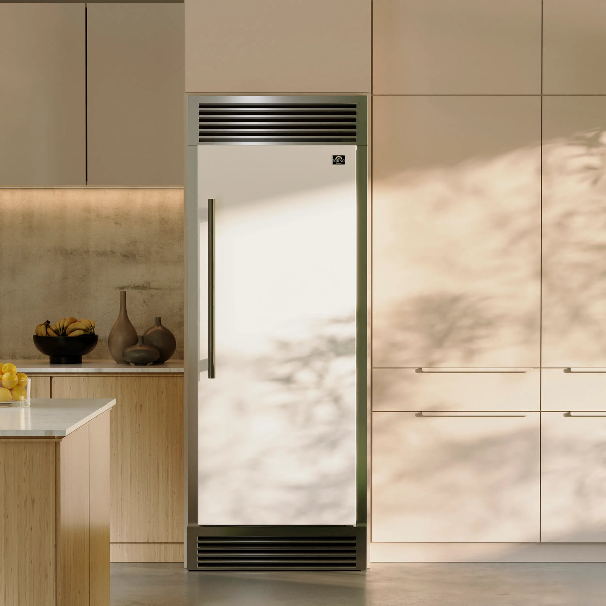 Forno Maderno 28-Inch Built-In 13.6 Cu.Ft. Convertible Refrigerator in White with Antique Brass Trim, Right Swing with Decorative Grille shown in a styled kitchen