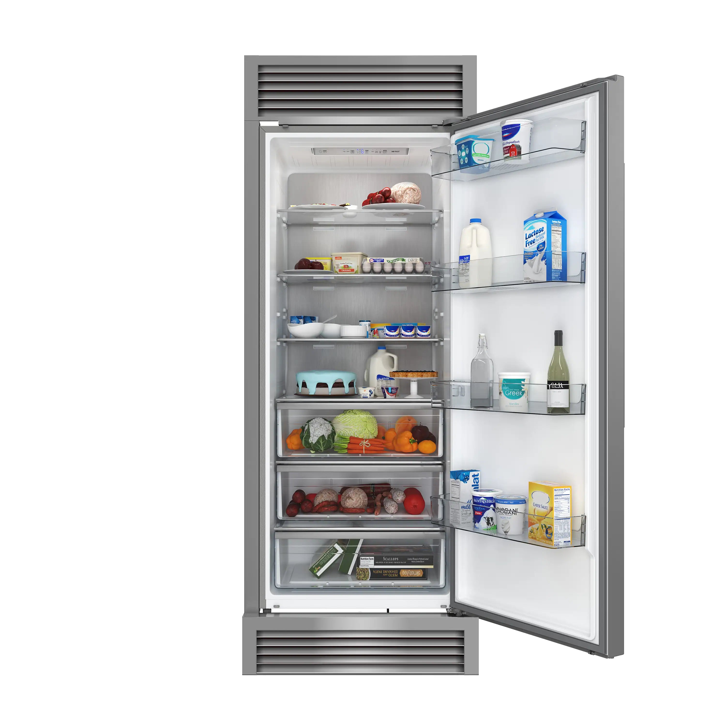 Built-in stainless steel refrigerator with open door showing adjustable glass shelves