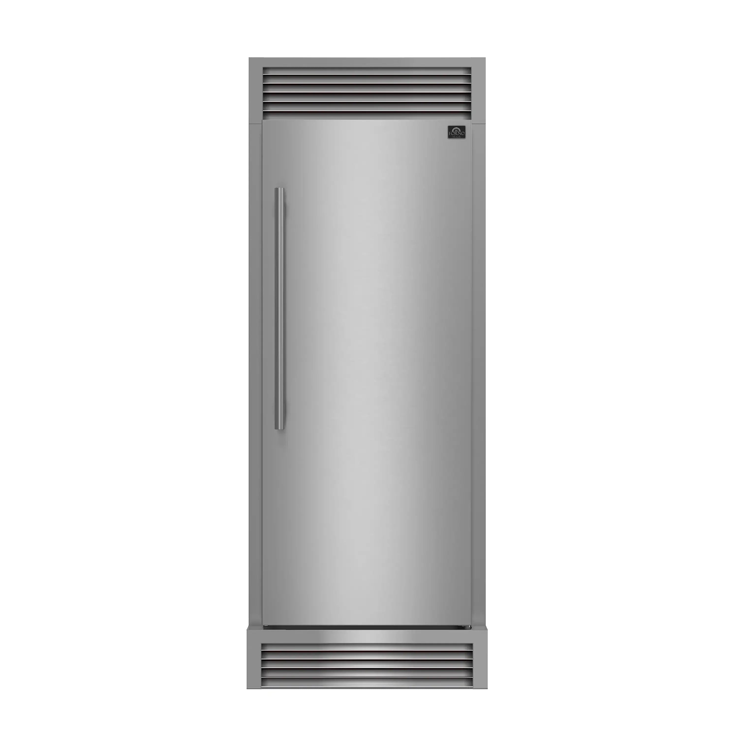Stainless steel built-in refrigerator door with vertical handle and decorative grille