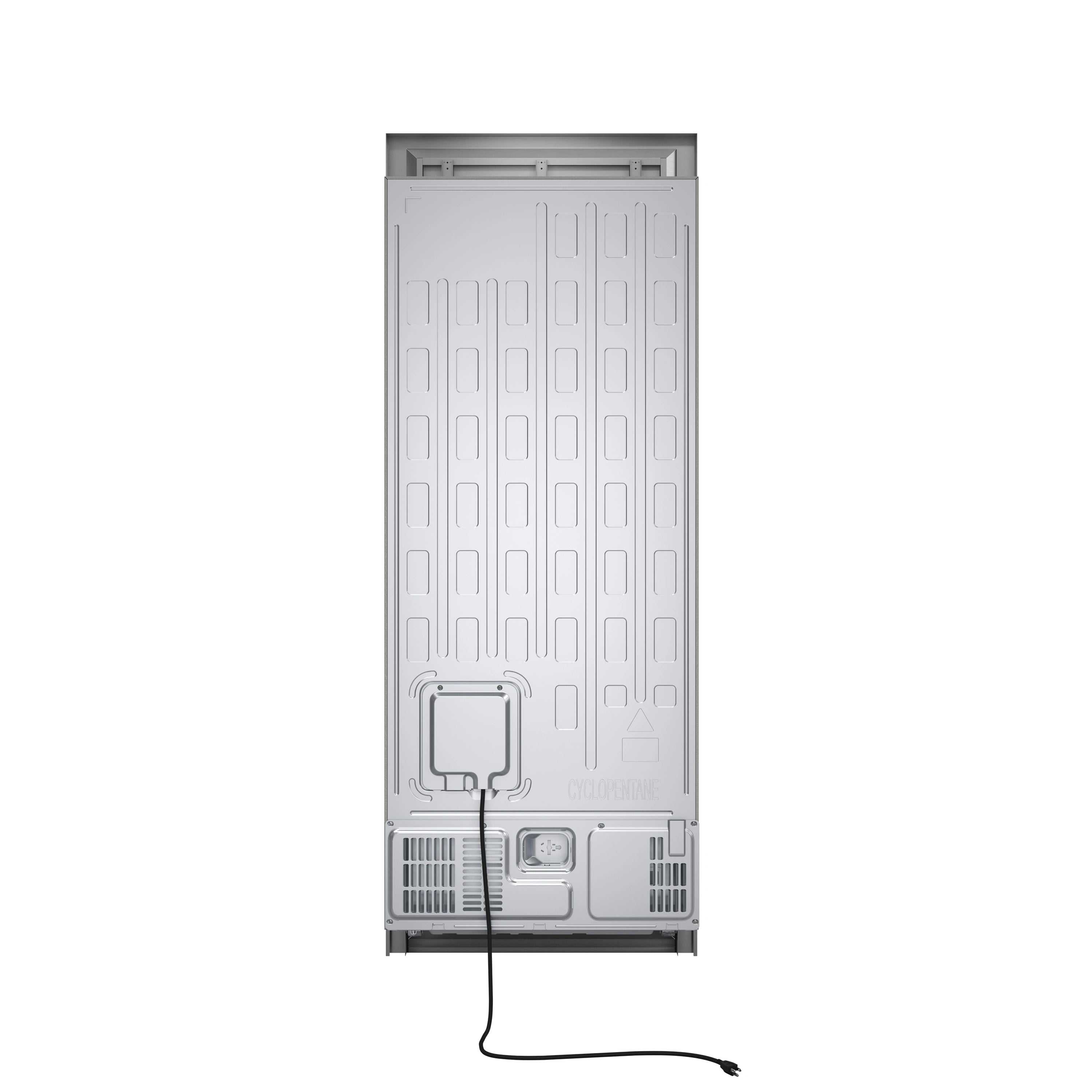 Back side of built-in refrigerator/freezer with vent grille and power cord.