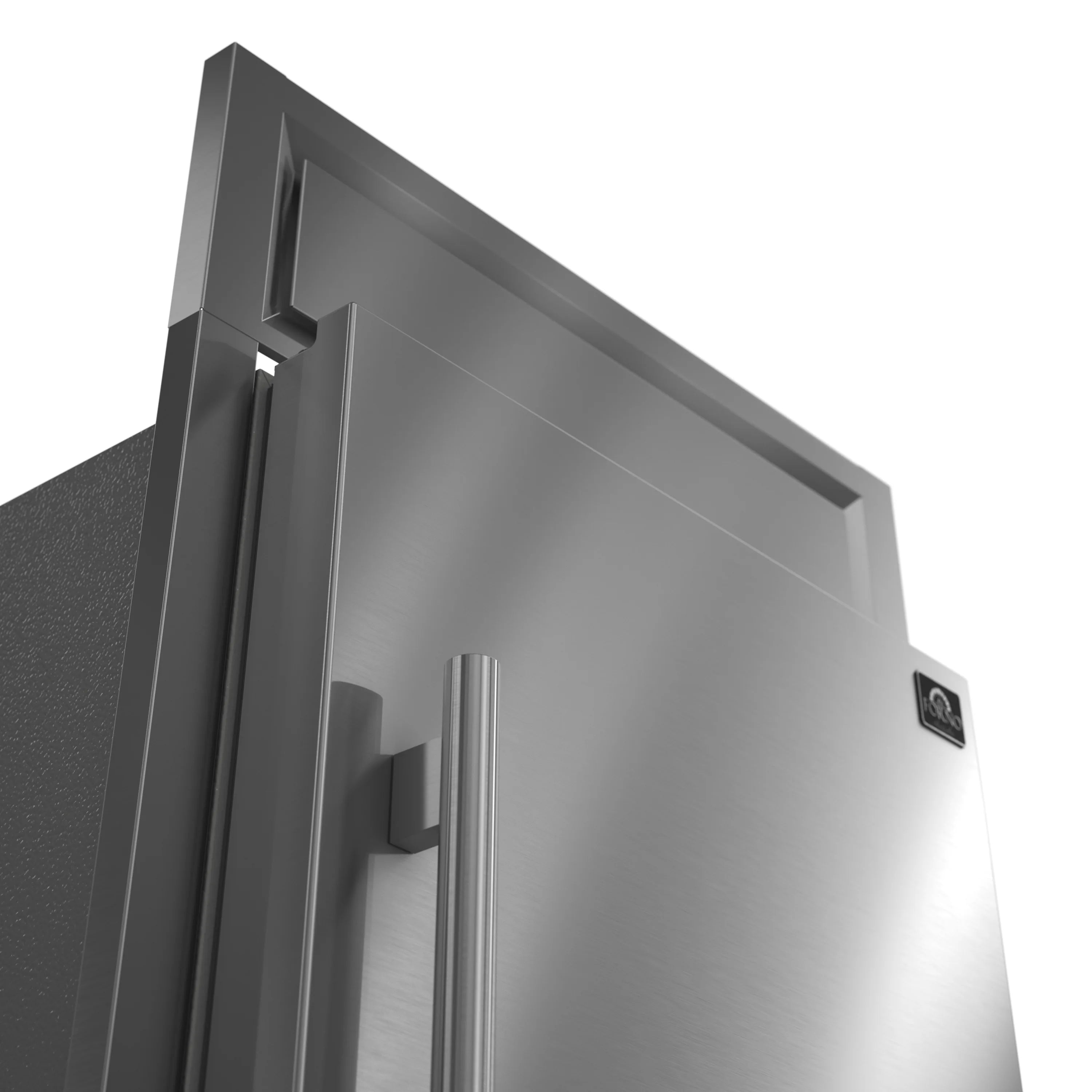 Stainless steel refrigerator door edge close-up with recessed handle detail.